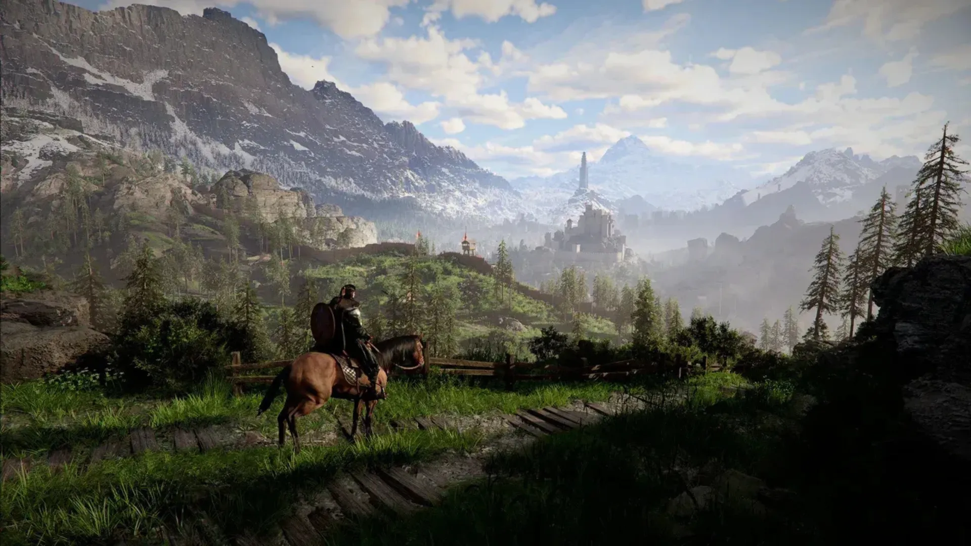 A rider on horseback overlooks Pywel's mountains and a distant fortress in Crimson Desert.