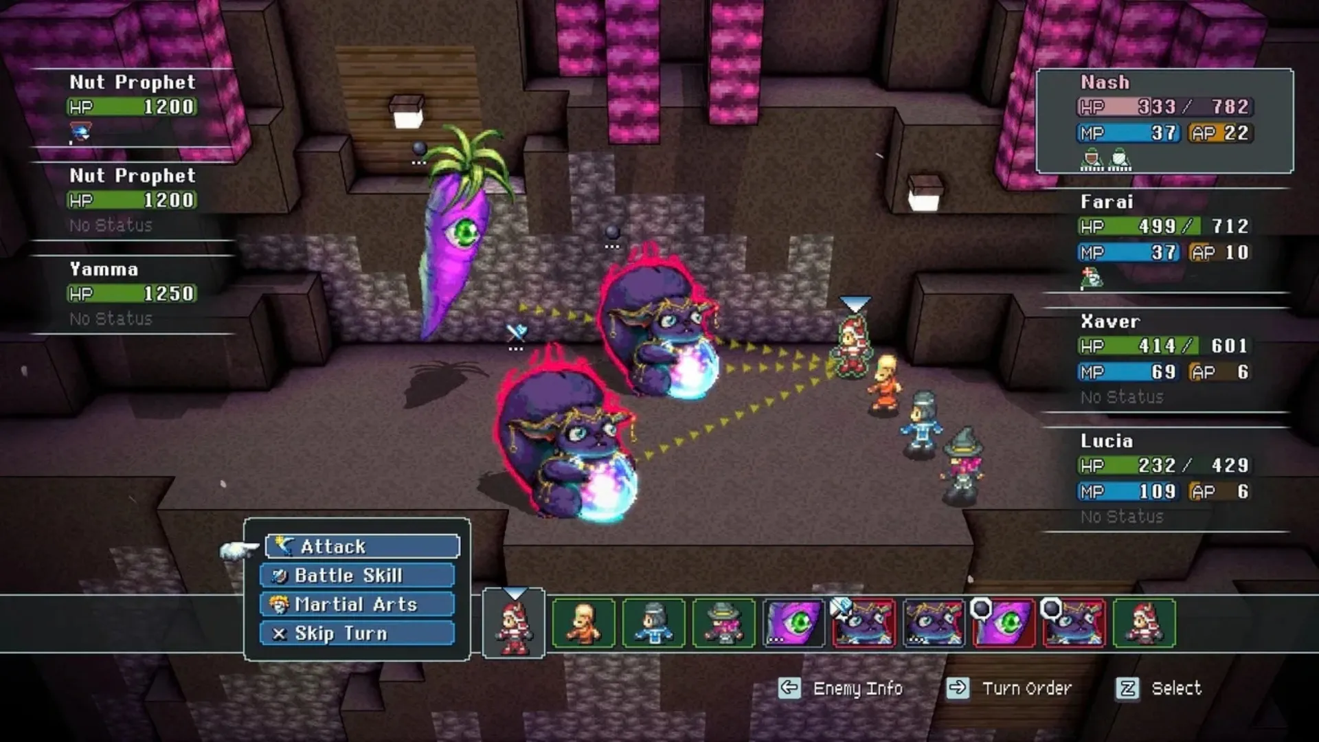 Four party members face several monsters in a turn-based Crystal Project battle