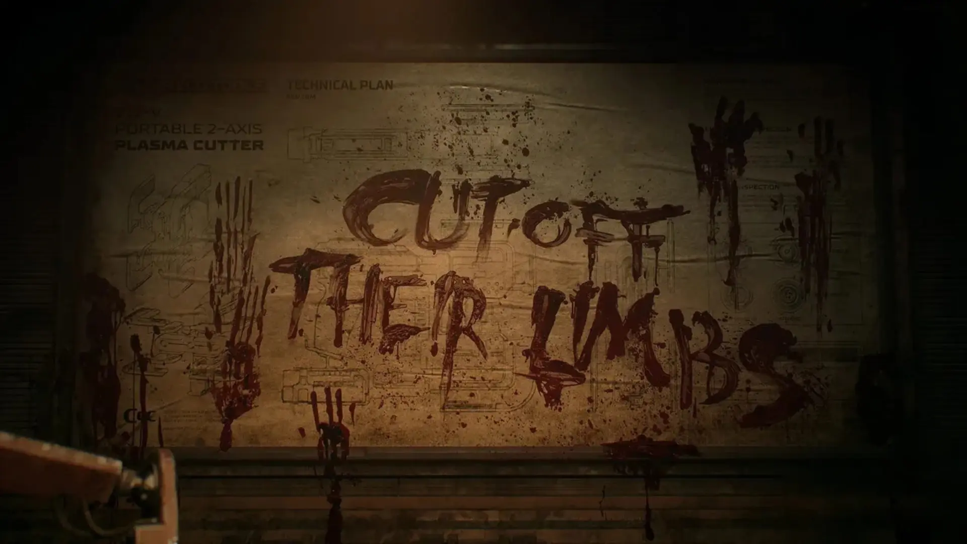The words Cut Off Their Limbs are written in blood across a wall aboard the USG Ishimura in Dead Space.