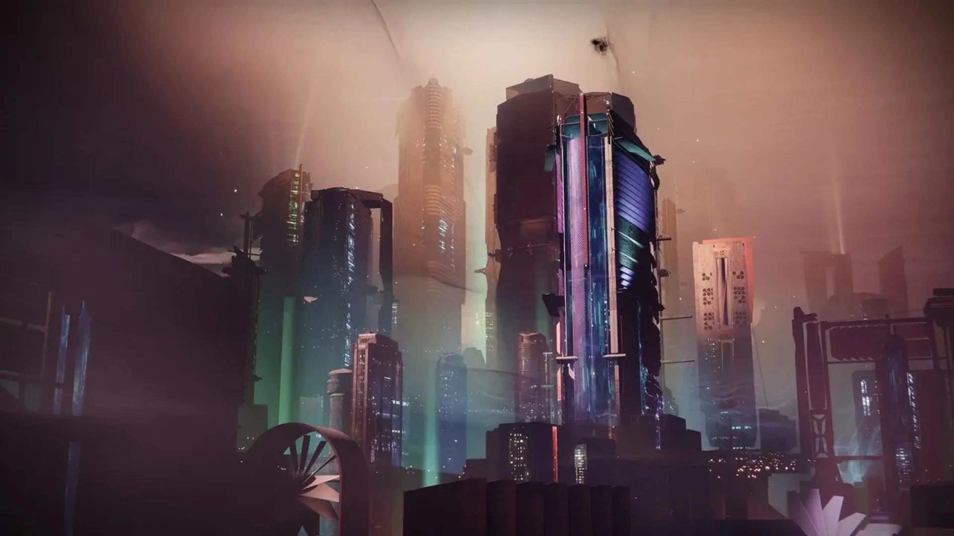 Tall illuminated towers rise through a hazy futuristic city in Destiny 2