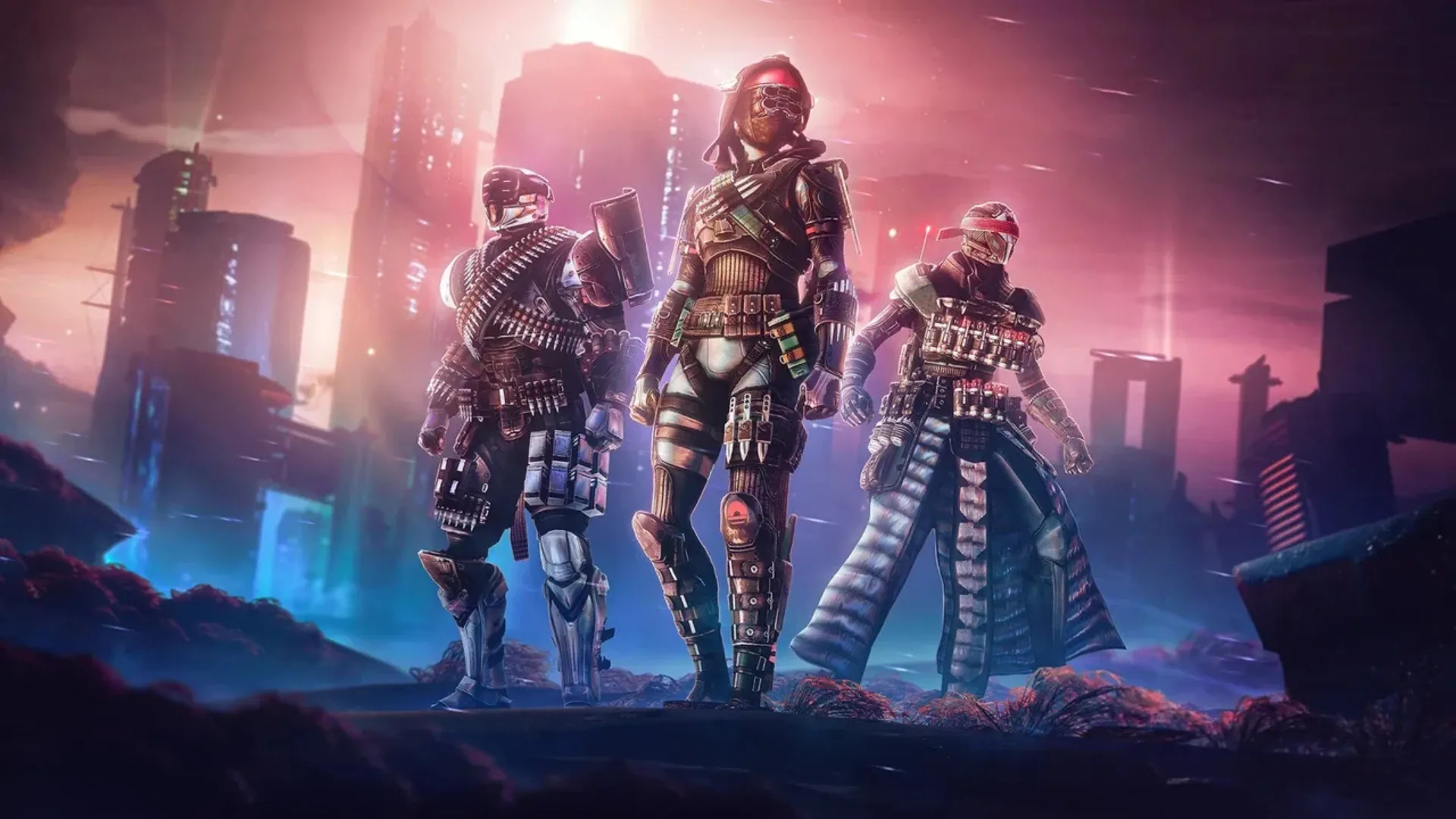 Three armored Destiny 2 Guardians stand together in front of a futuristic city