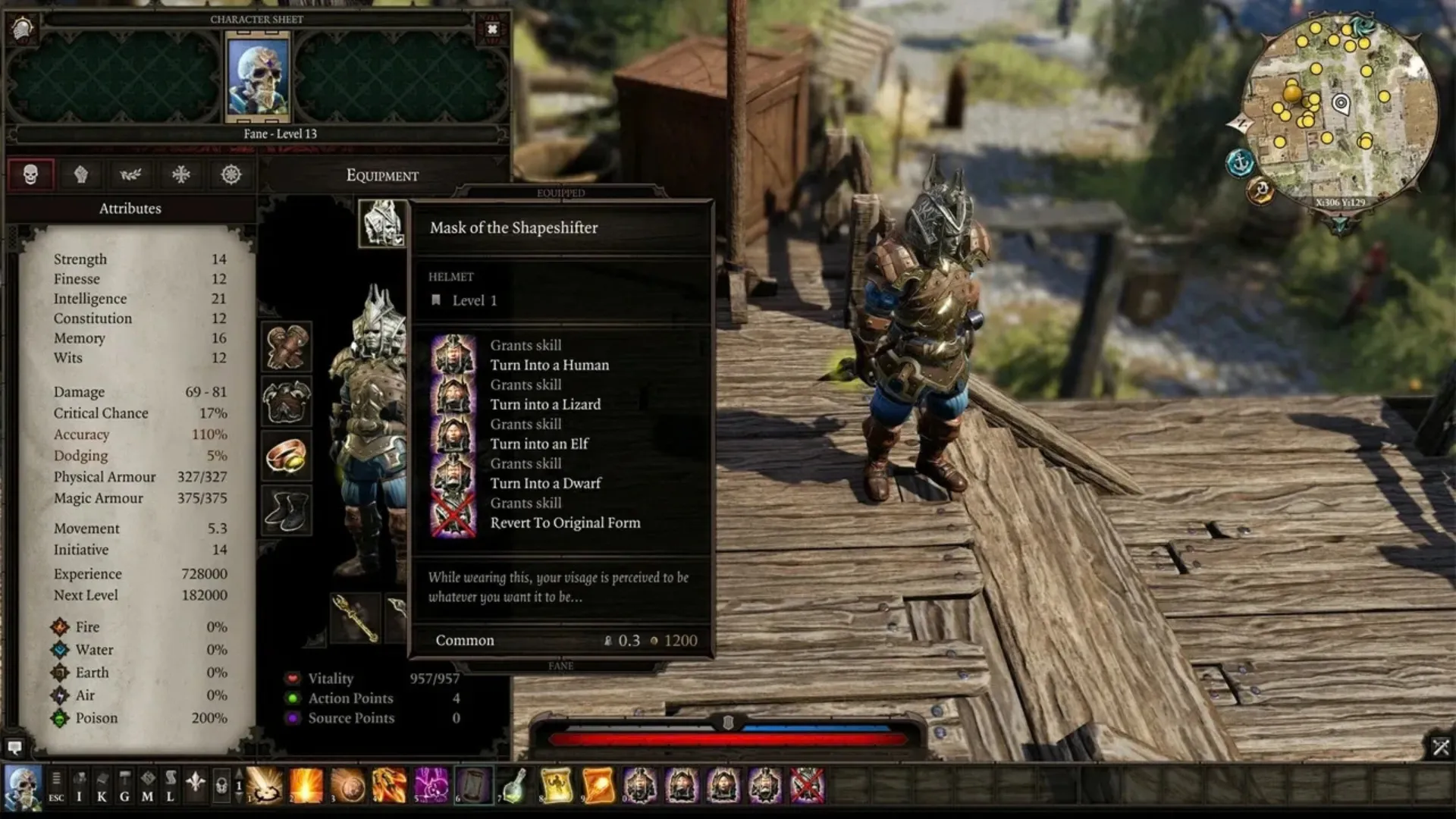 Fane's character sheet and Mask of the Shapeshifter in Divinity: Original Sin 2