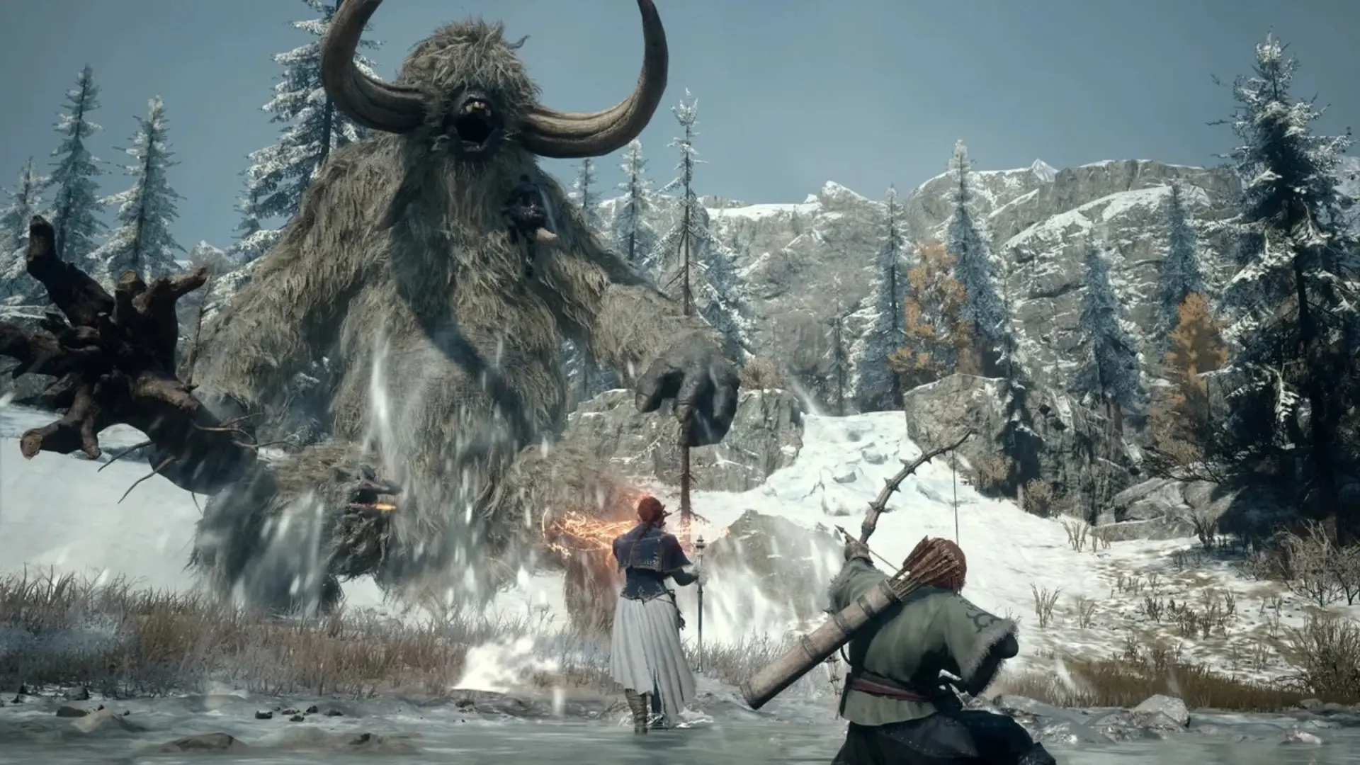 Arisen and companions battle a giant horned monster in Dragon’s Dogma II: Dark Arisen