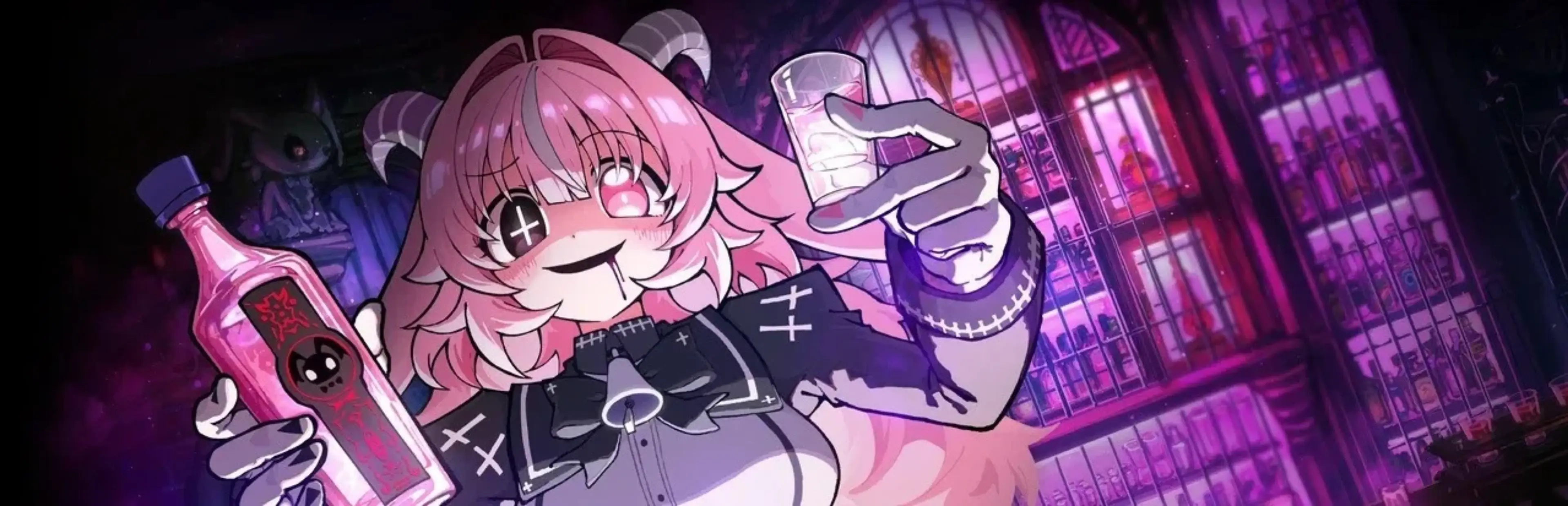 Pink-haired demon holds a bottle and shot glass in Drunken Goddess Reflux