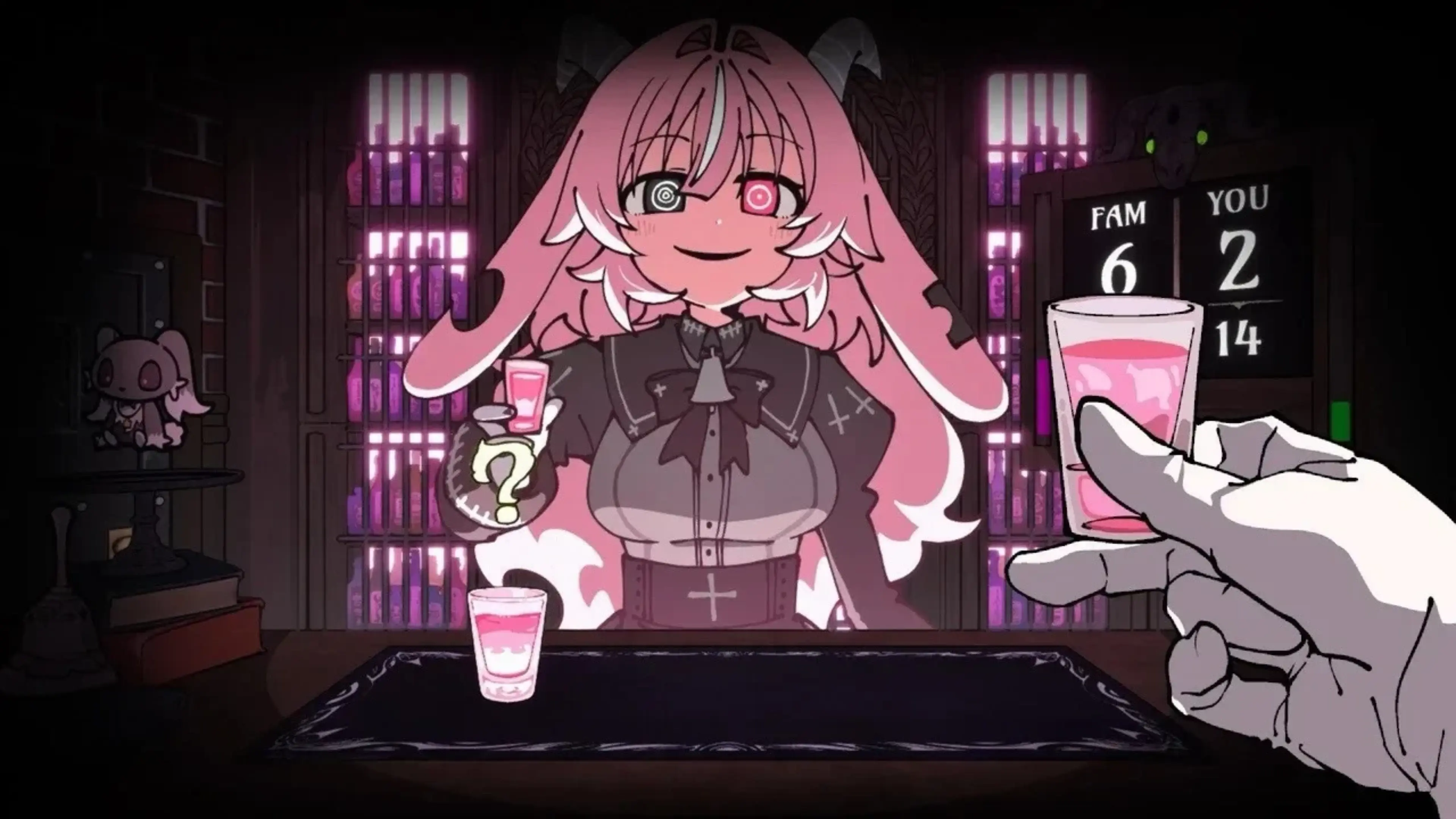 Pink-haired demon Femme Soule offers a drink in Drunken Goddess Reflux