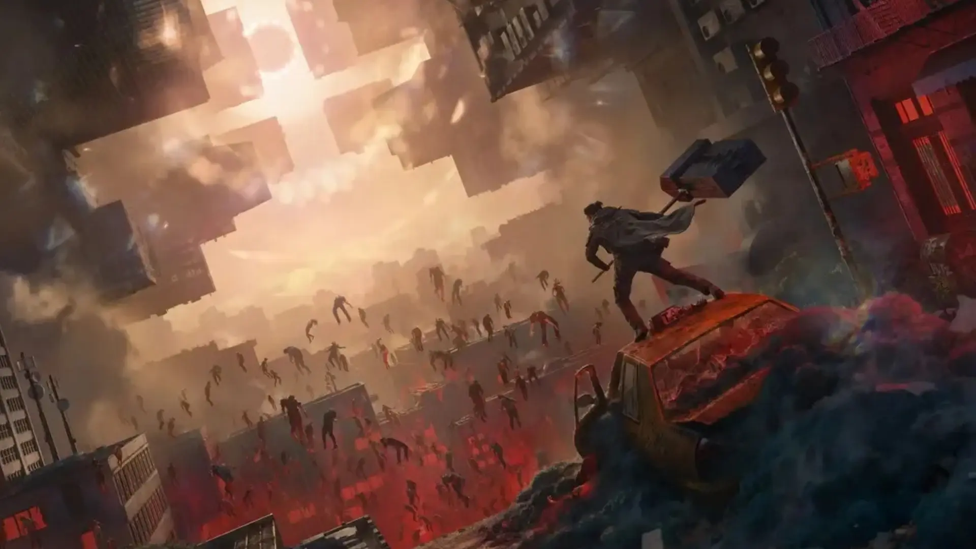 Dylan Faden stands on a wrecked vehicle as figures float through a distorted Manhattan in Control Resonant