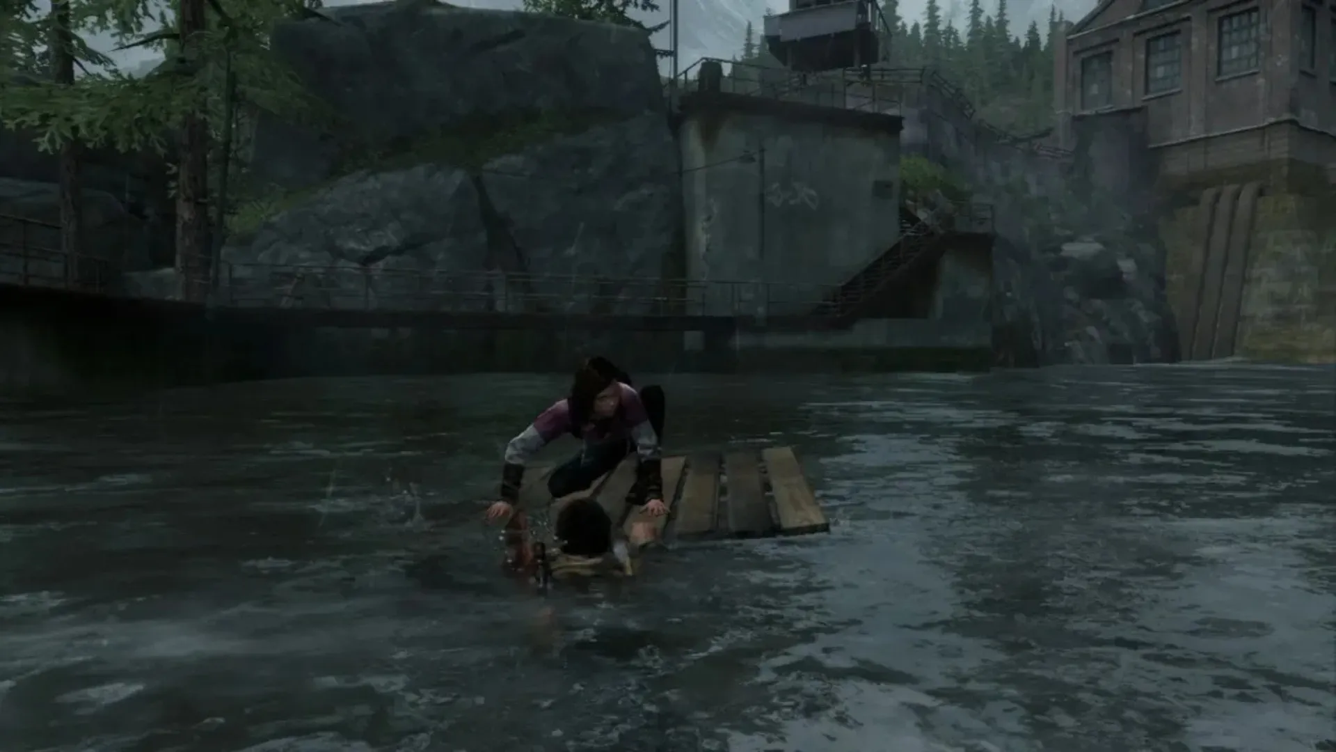 Ellie balances on a wooden pallet while crossing a flooded area in The Last of Us.