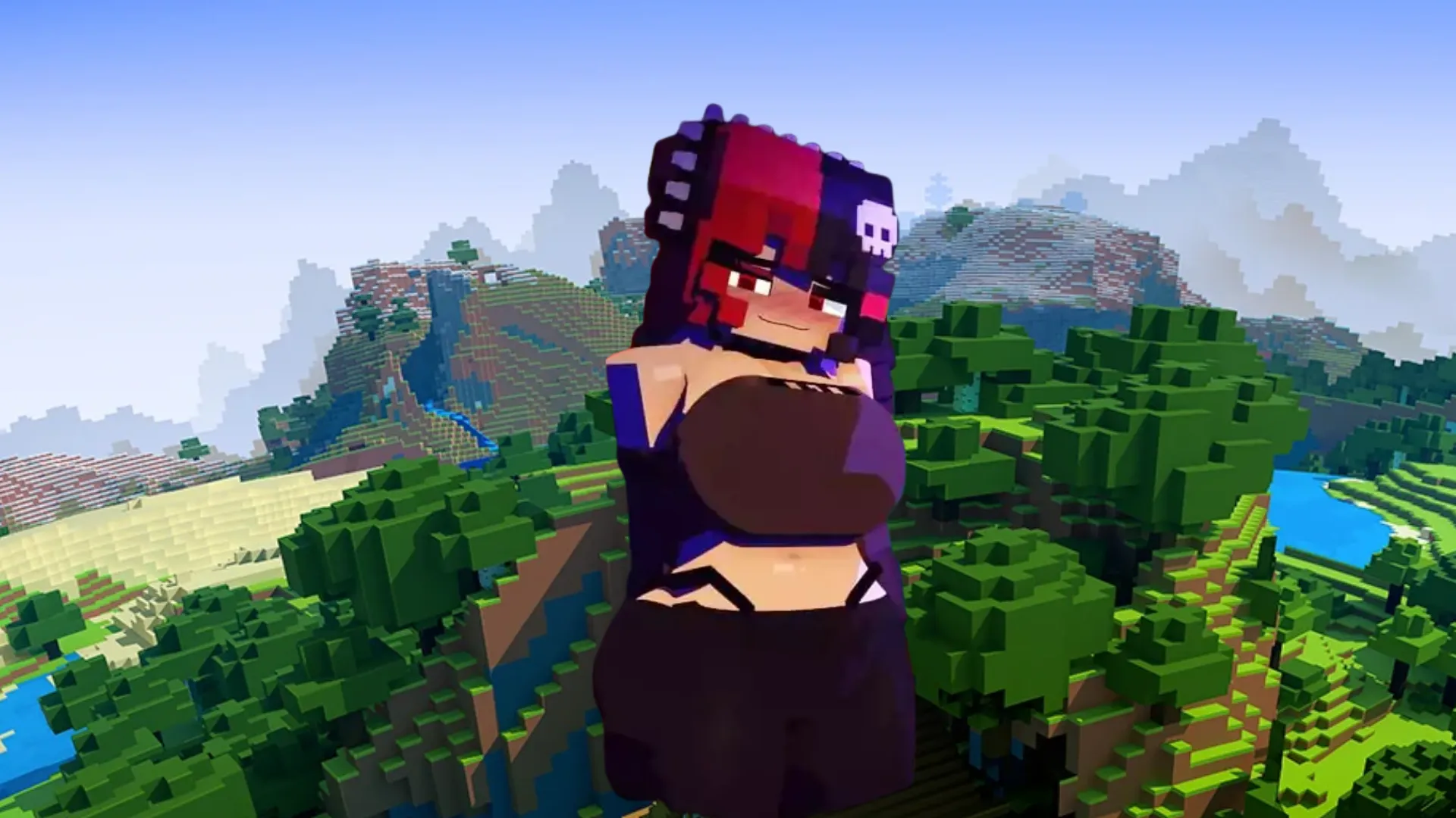 Ellie Walls from the Jenny Mod stands against a mountainous Minecraft landscape.
