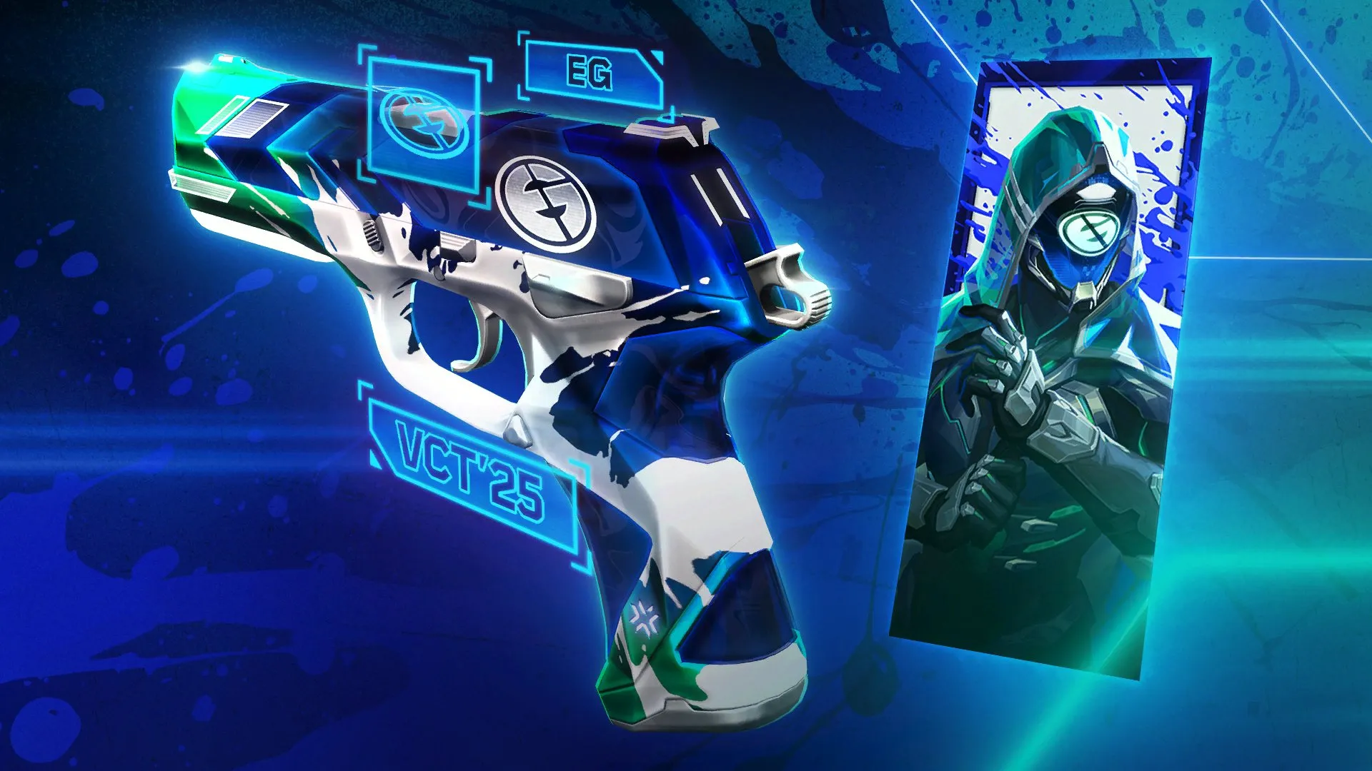 Blue, green and white Evil Geniuses Ghost pistol skin with VCT 2025 branding beside a hooded EG player card.
