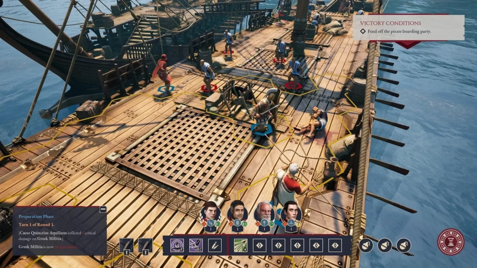 Party members fight enemies aboard a ship in Expeditions: Rome