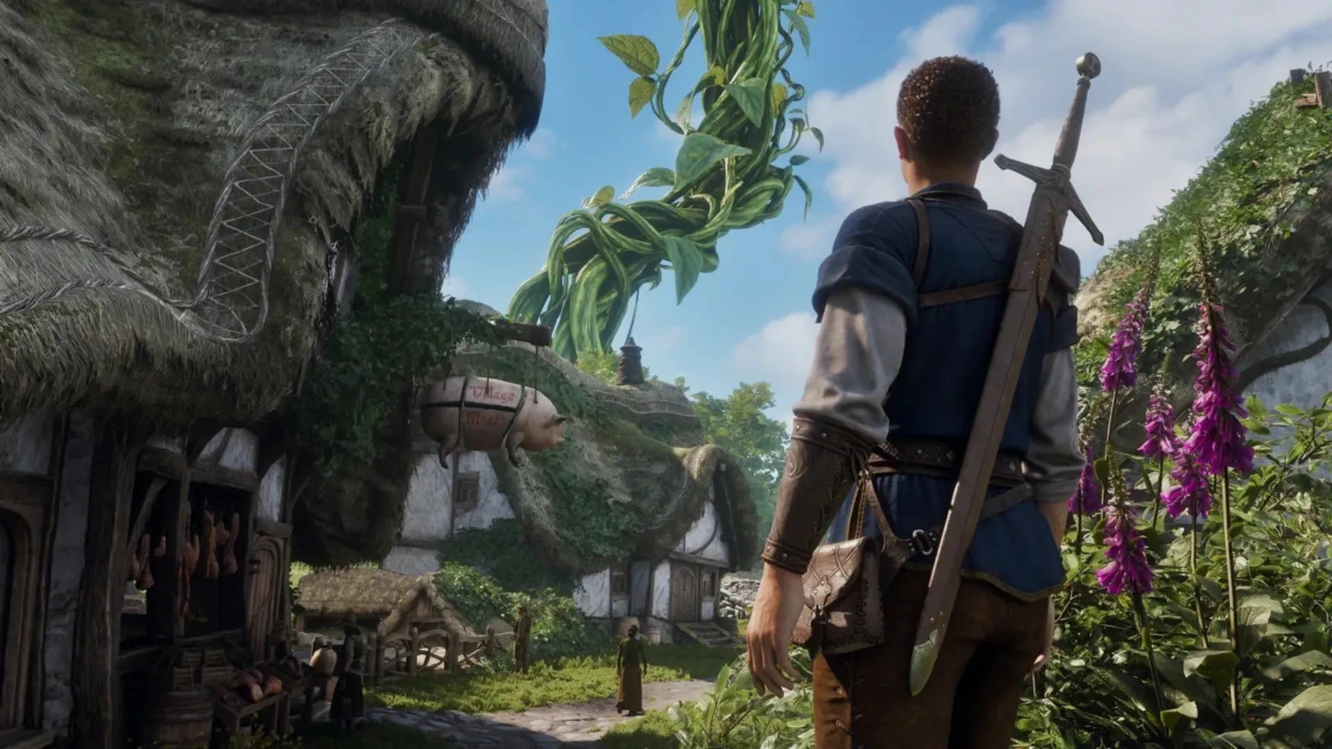 A sword-carrying Fable hero stands in an Albion village beneath a massive green beanstalk.