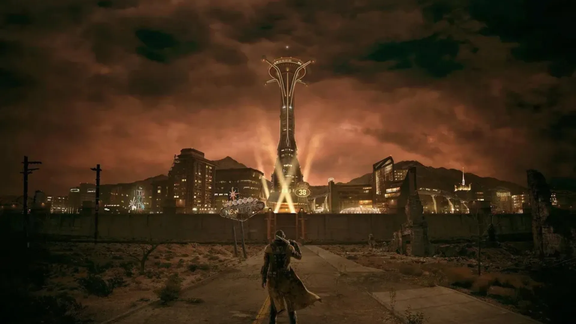 The Courier approaches the illuminated New Vegas Strip beneath a dark orange sky in Fallout: New Vegas