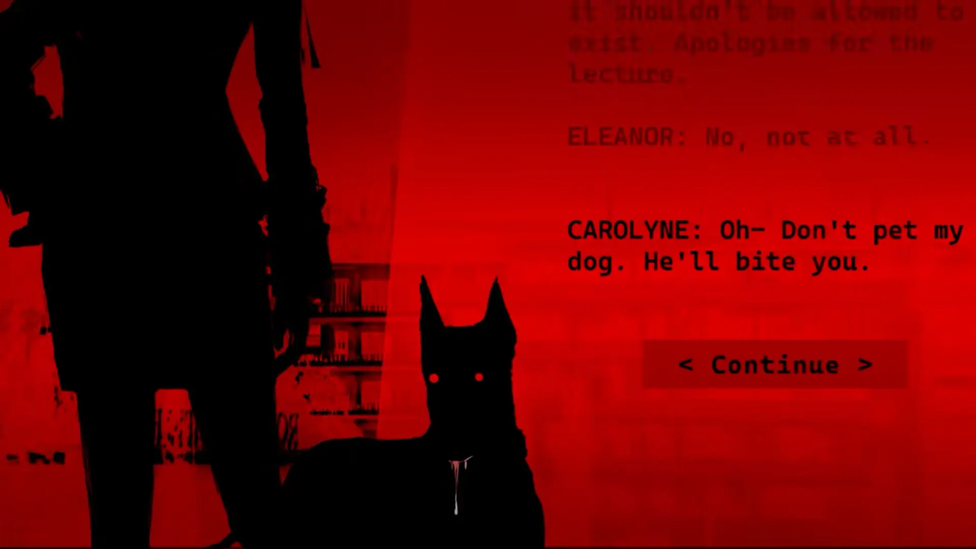 A black dog silhouette appears against a red dialogue screen in Faraday Blues