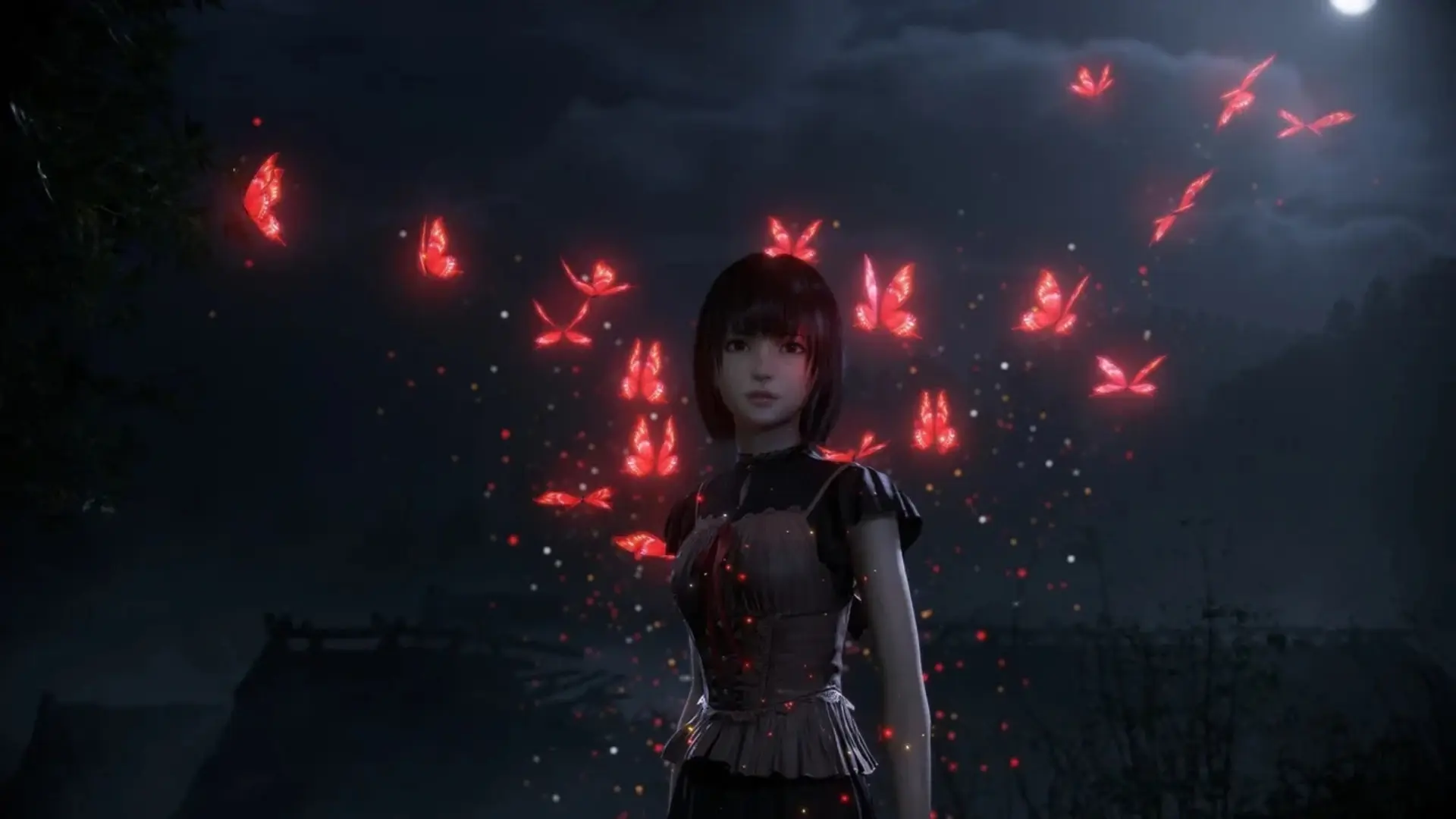 Mio stands surrounded by glowing red butterflies in Fatal Frame II: Crimson Butterfly Remake.