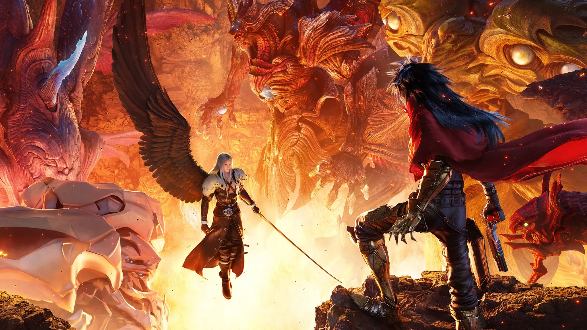 Final Fantasy VII characters facing a giant creature