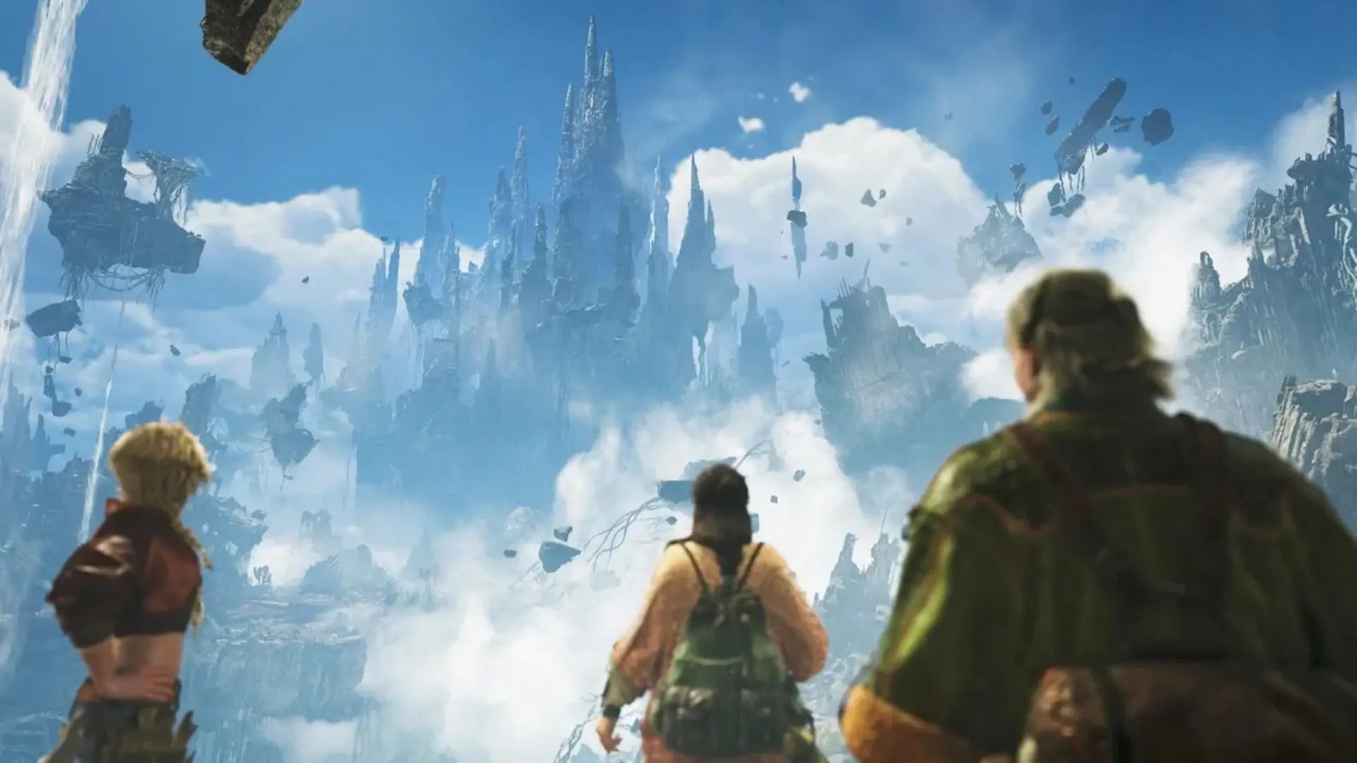 Three hunters overlook floating ruins and towering spires in Monster Hunter Wilds: Ascendance