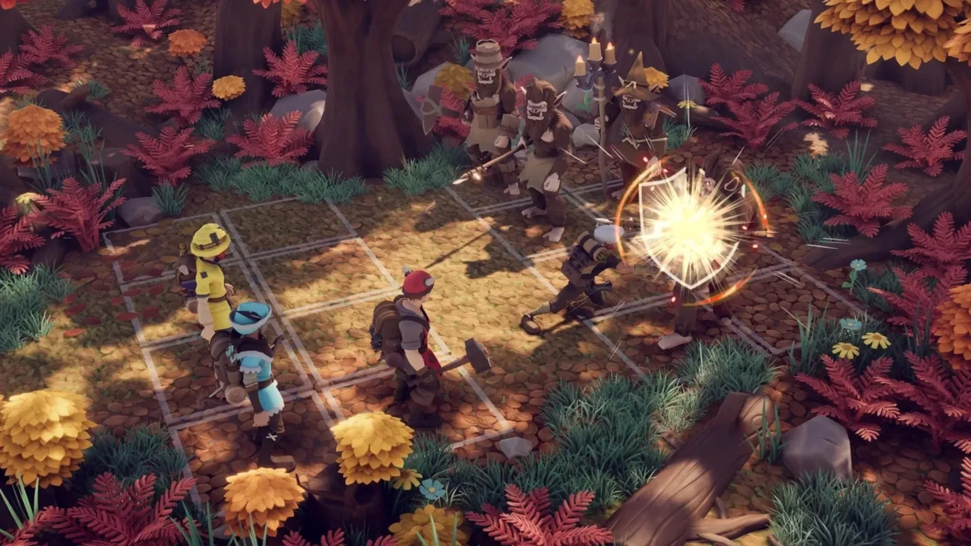 Four adventurers fight enemies on a forest battle grid in For The King II