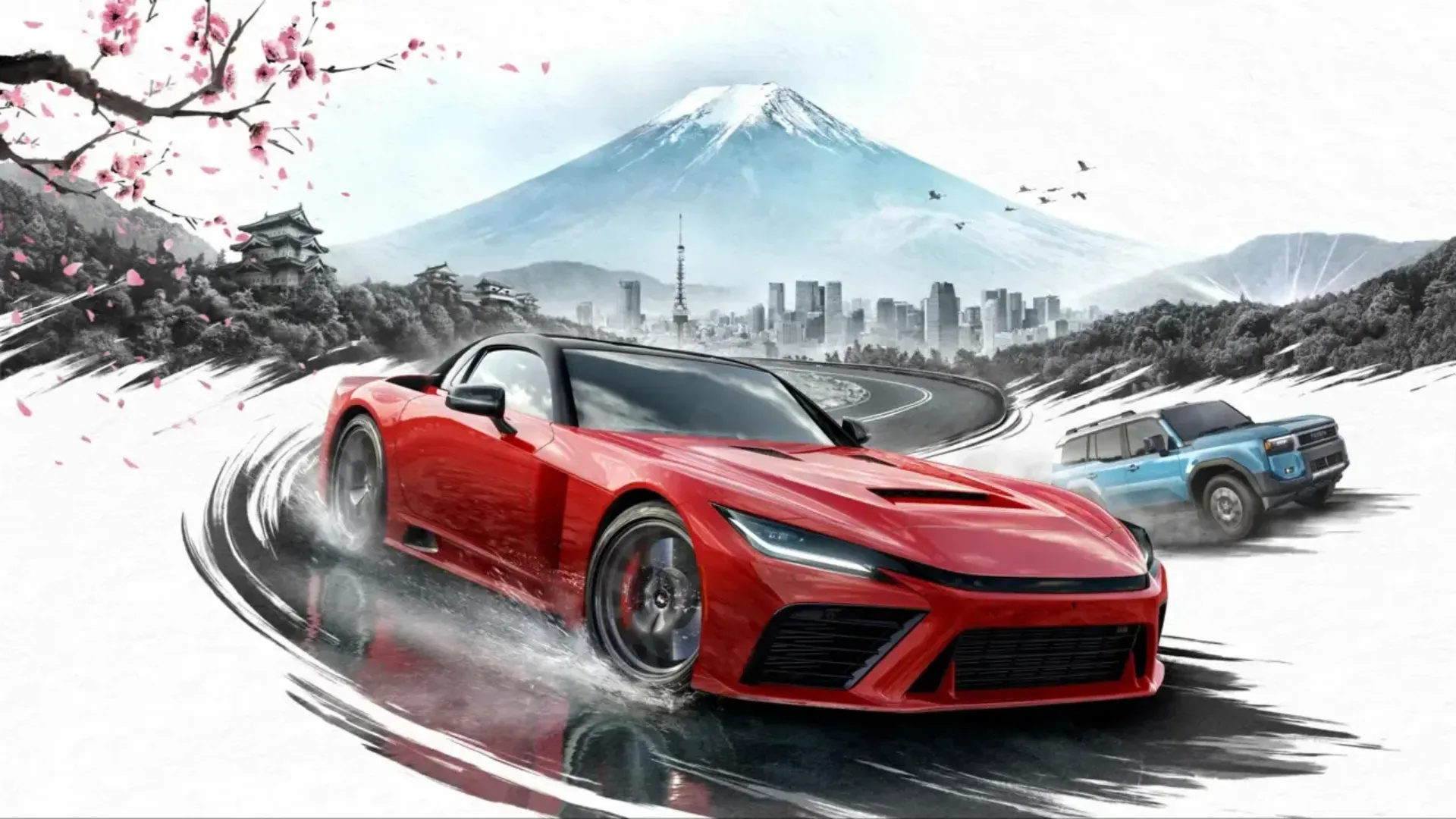 A red sports car and blue SUV race on a Japanese road with Mount Fuji behind them in Forza Horizon 6.