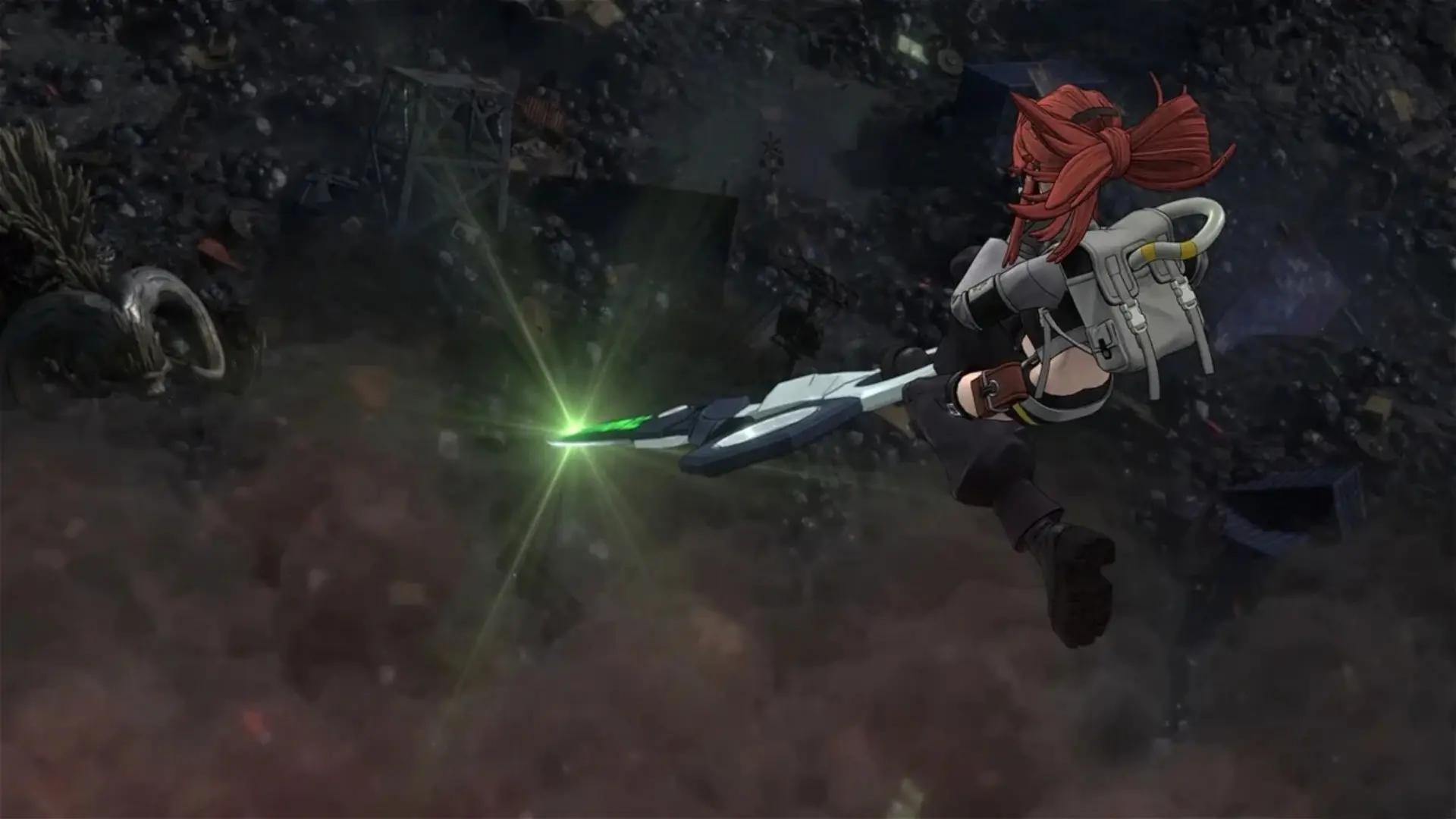 A red-haired fighter leaps through smoke with a glowing weapon in GACHIAKUTA: BREAKOUT