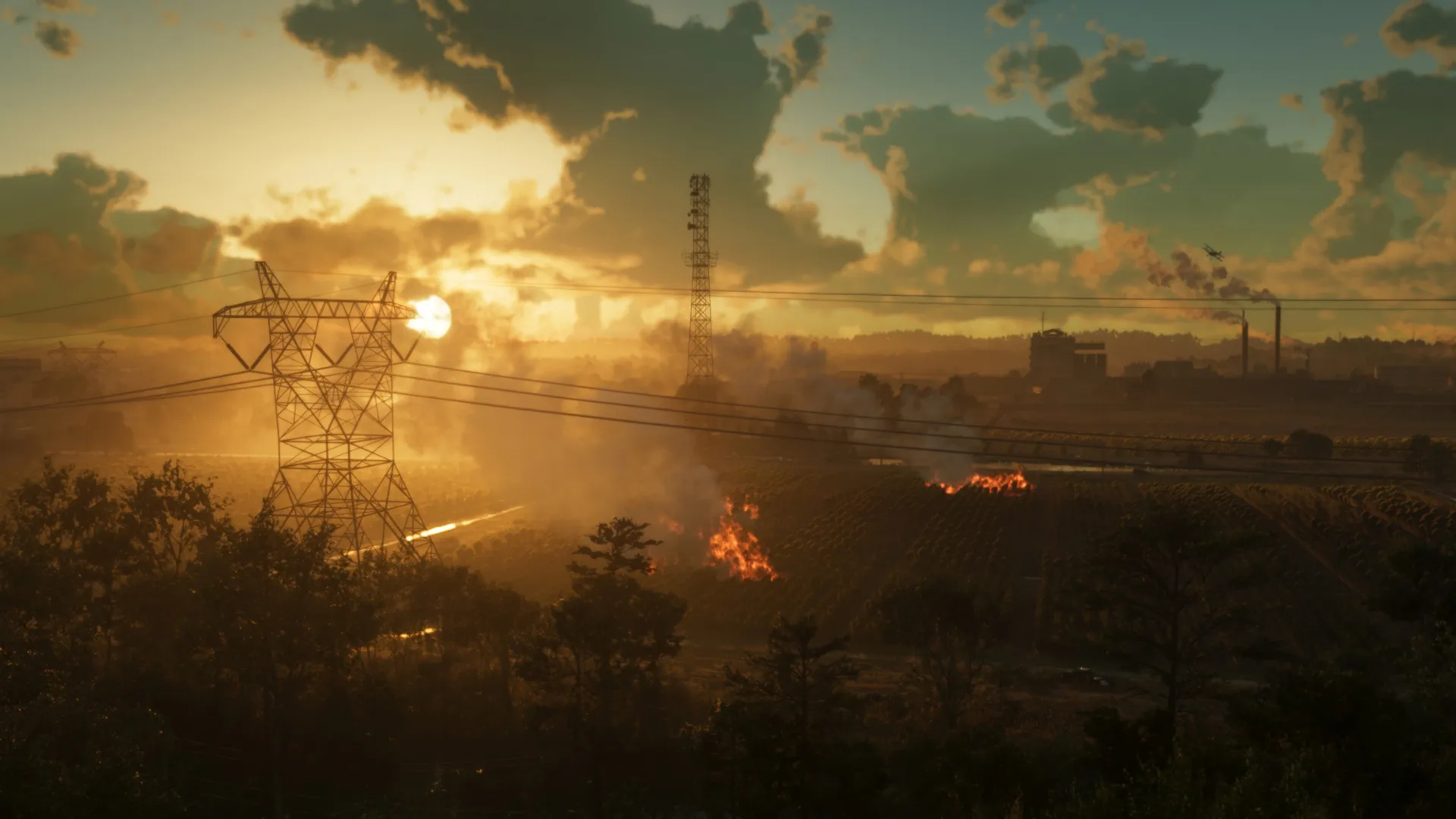 Storm clouds and fires across the Leonida countryside in GTA 6