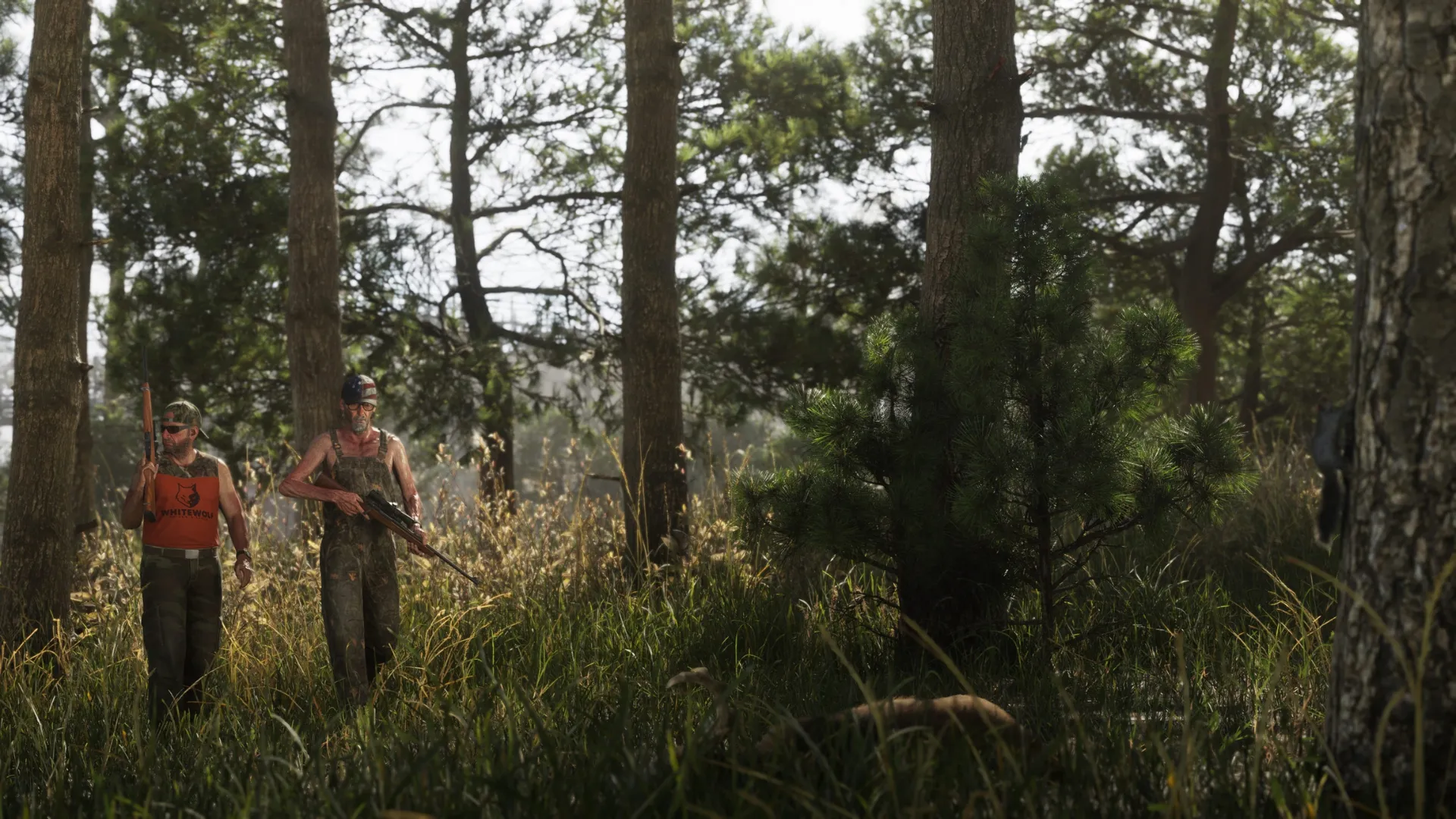 Two armed men walking through a forest in rural Leonida in GTA 6