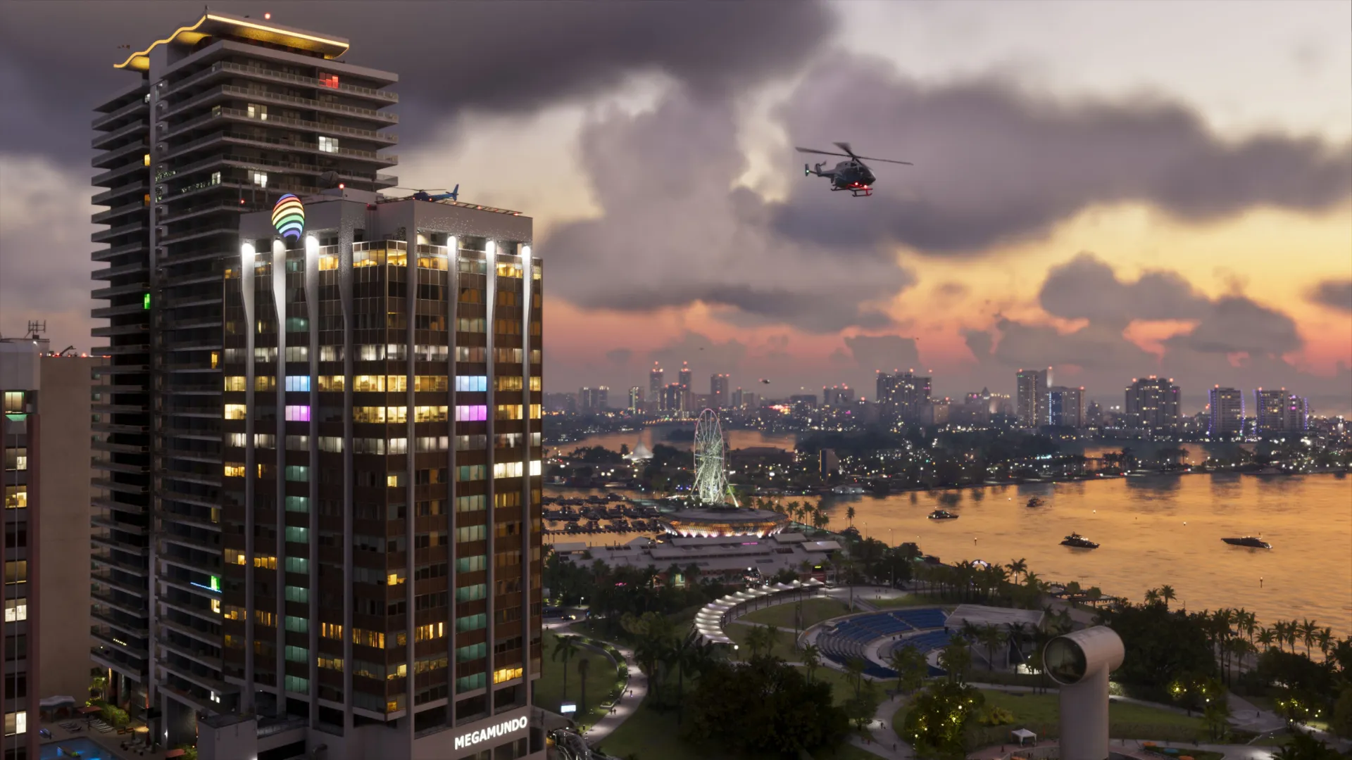 Vice City skyline, waterfront and helicopter at sunset in GTA 6