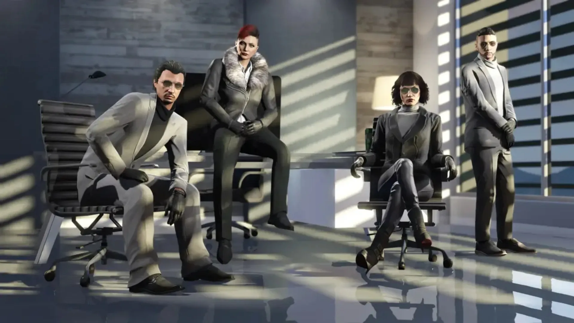Four GTA Online characters posing inside a modern executive office