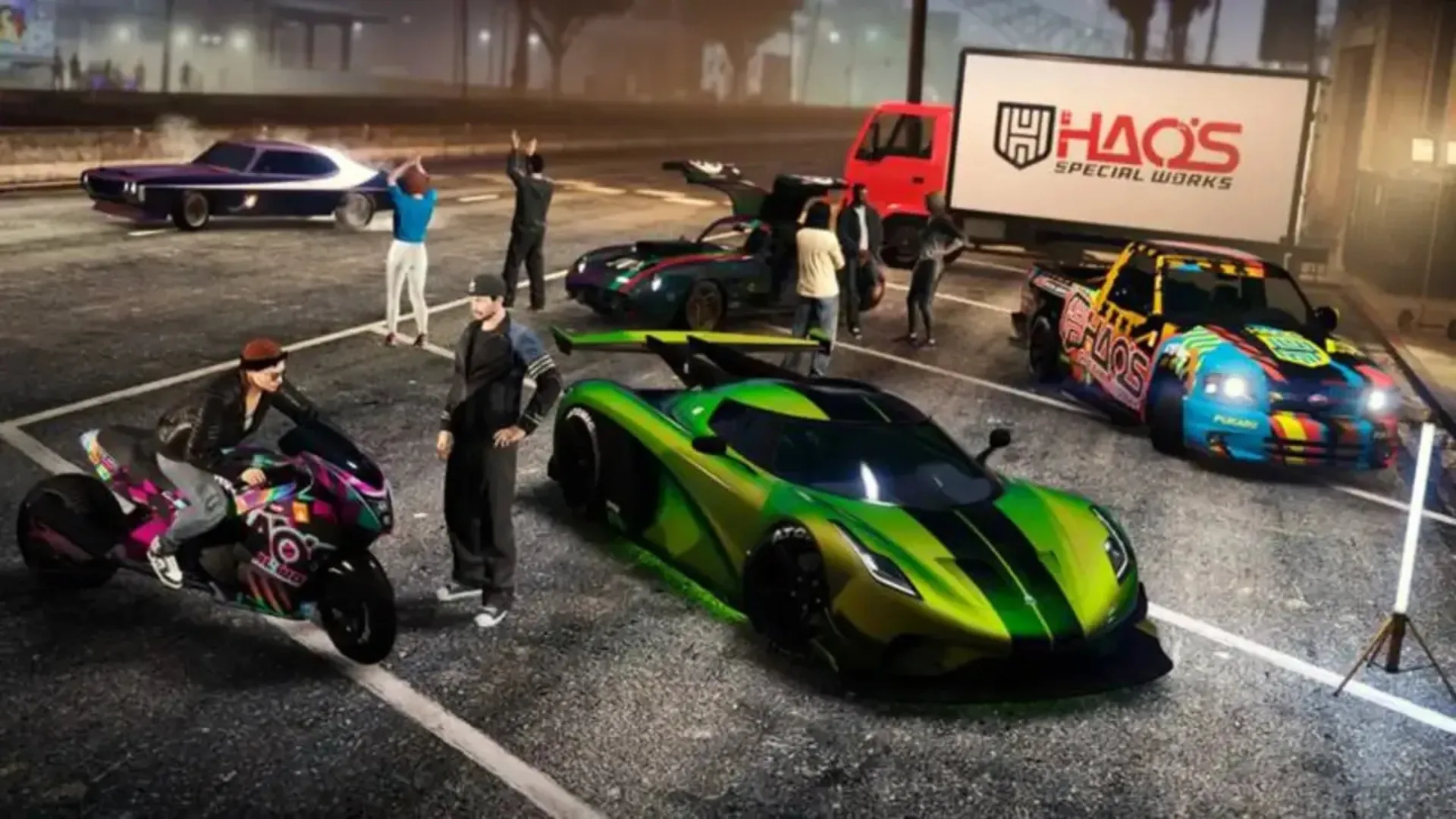 GTA Online players and custom vehicles gathered at Hao's Special Works