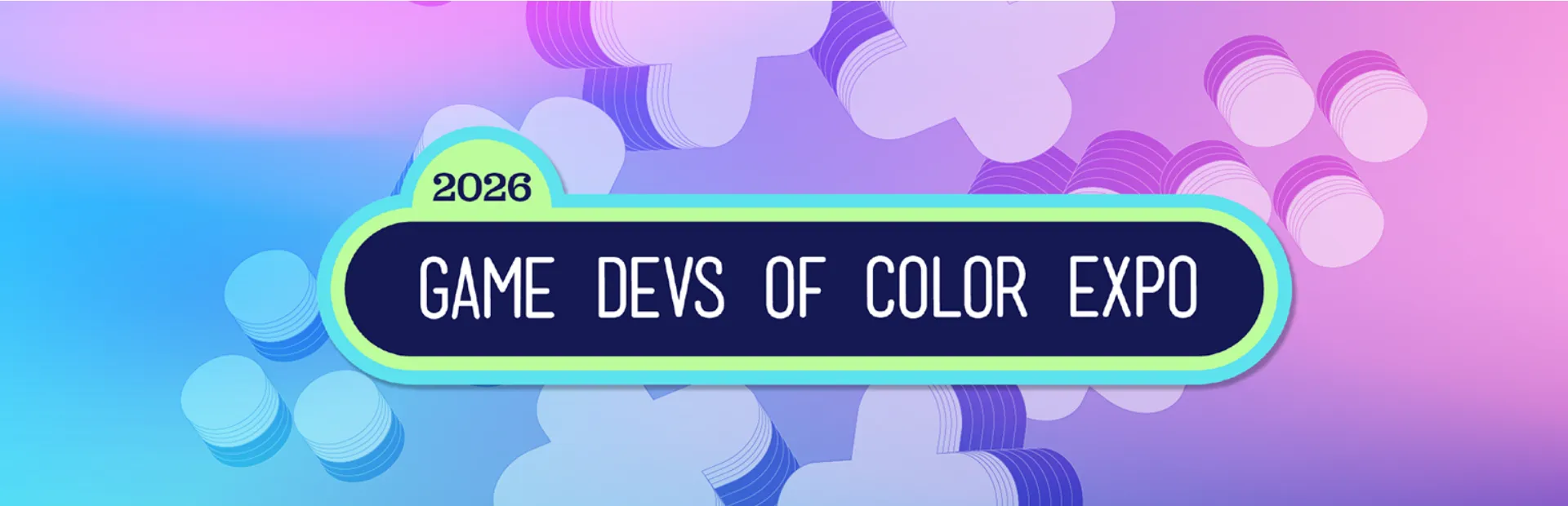 Game Devs of Color Expo 2026 logo on a pink, purple and blue background