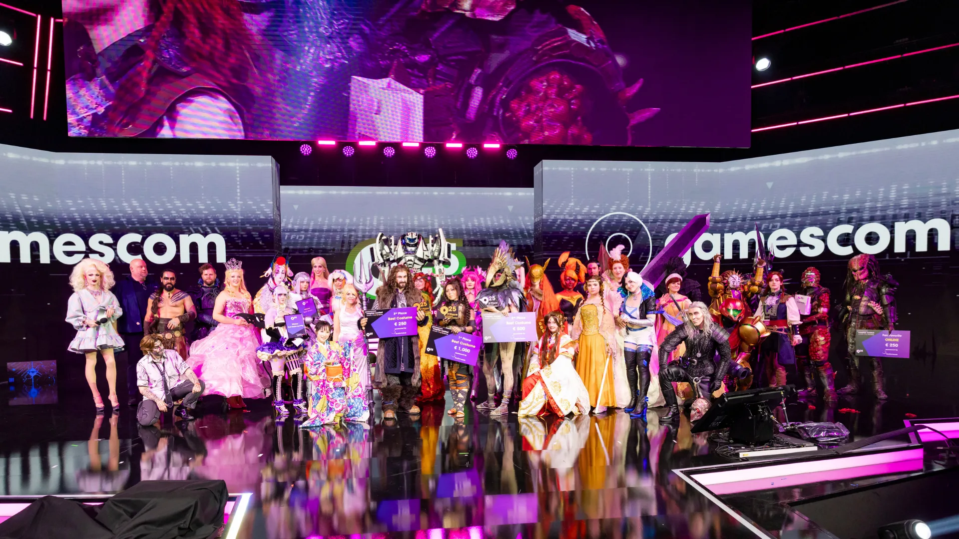 Gamescom 2025 cosplay contest finalists and winners pose together on stage in costume.