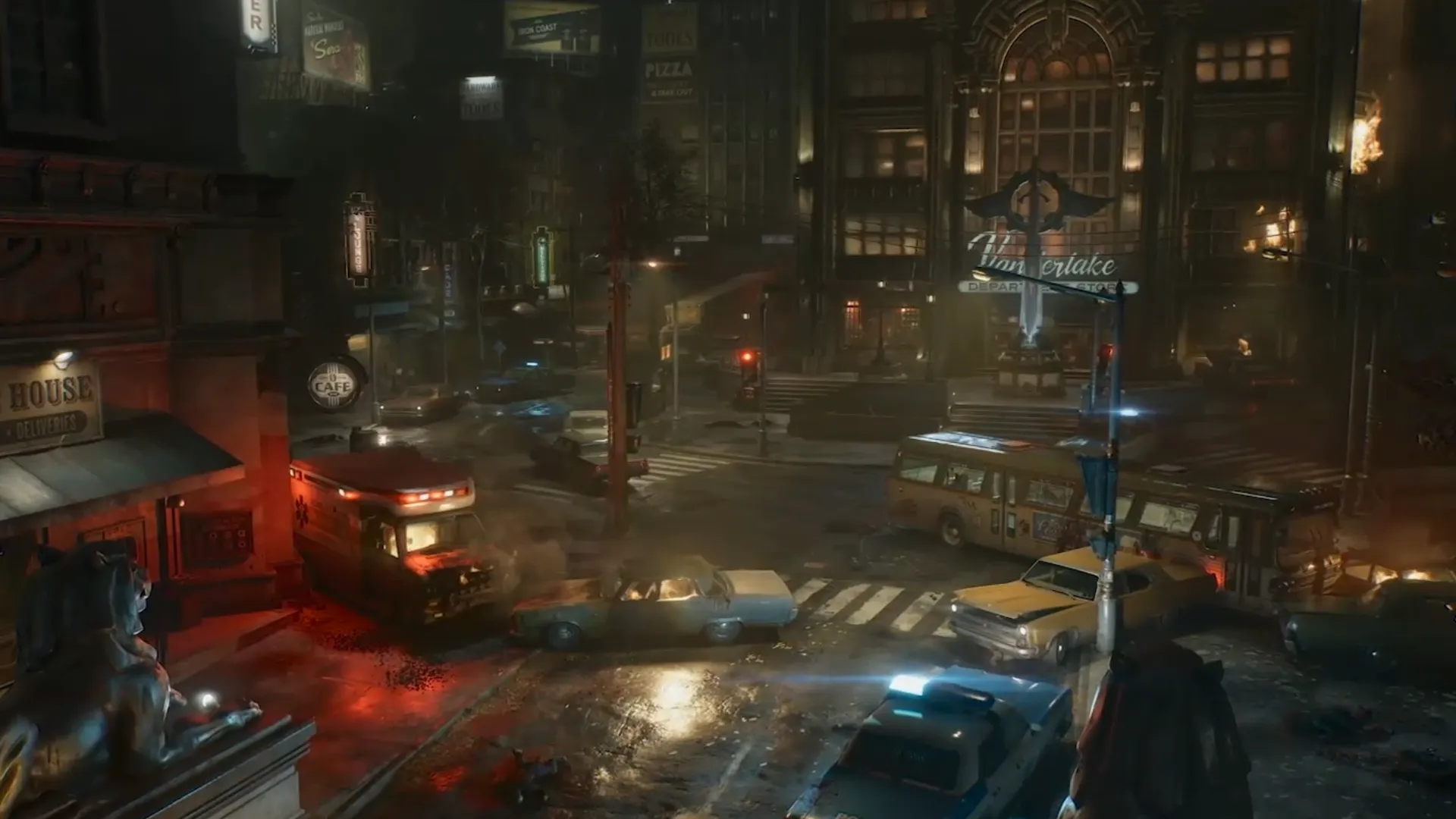 A dark city intersection with abandoned vehicles and fires burns at night in Gears of War: E-Day.