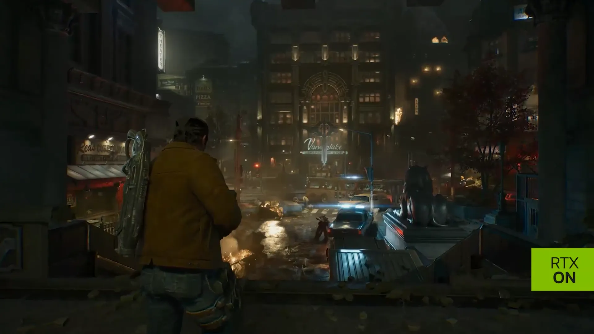 A Gears soldier overlooks a dark, damaged Kalona street with RTX enabled in Gears of War: E-Day.