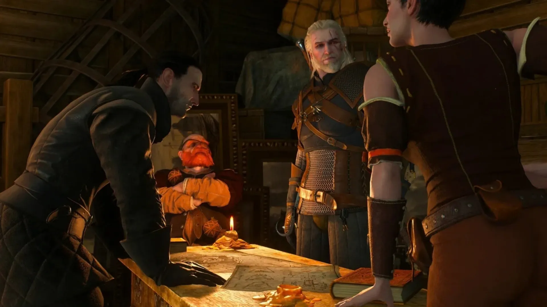 Geralt speaks with several characters around a table in The Witcher 3 Remastered