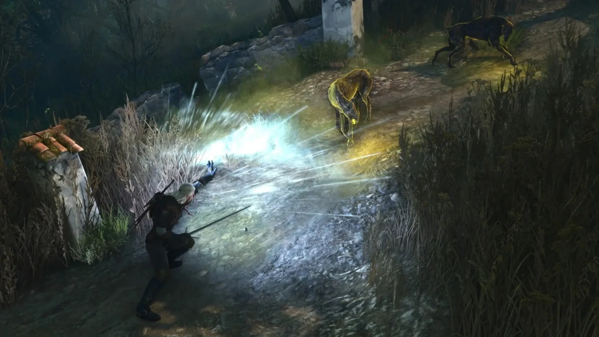Geralt uses the Aard Sign against enemies in The Witcher 3 Remastered