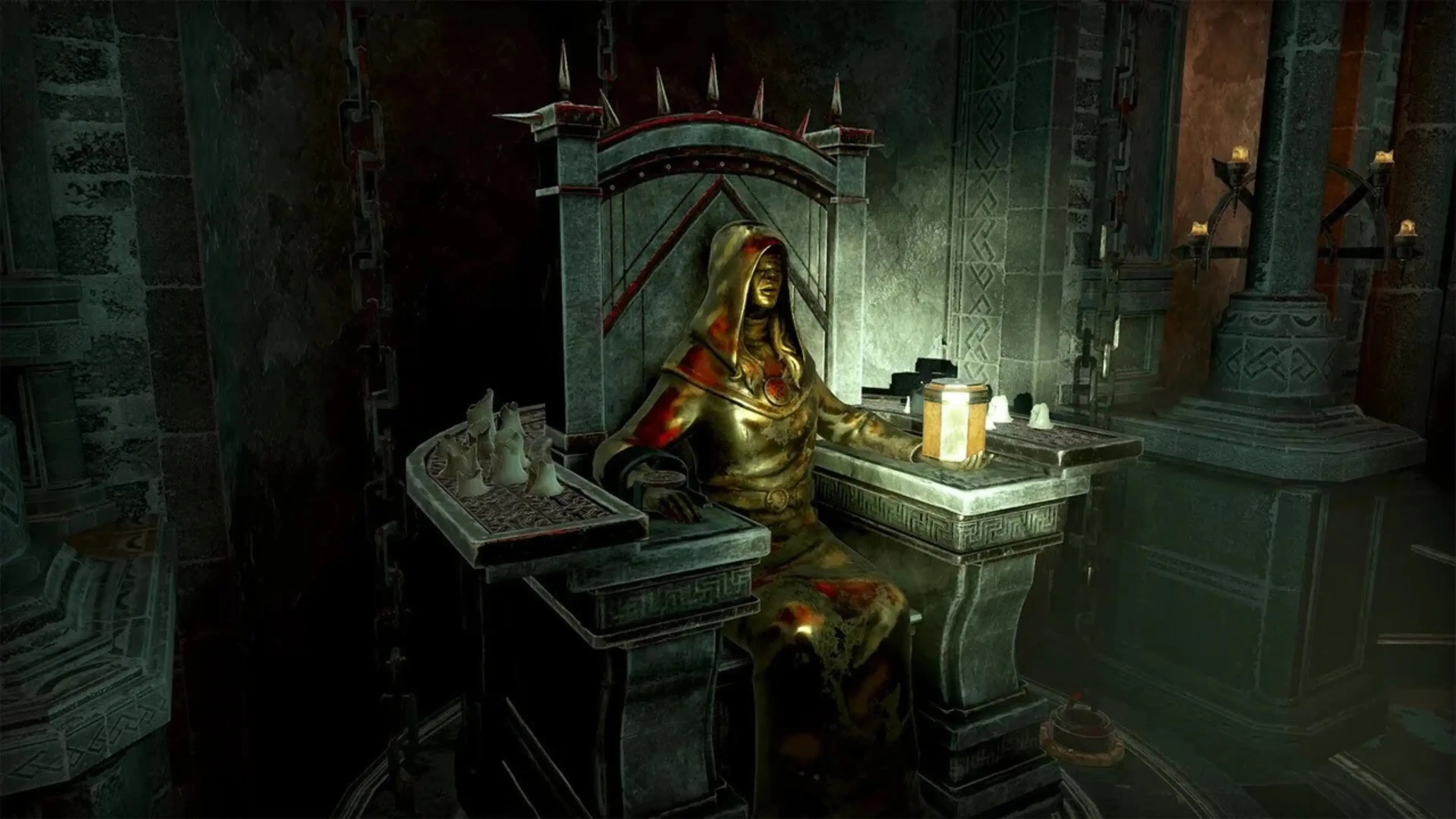 Hooded figure sits on a throne in Ghost Town