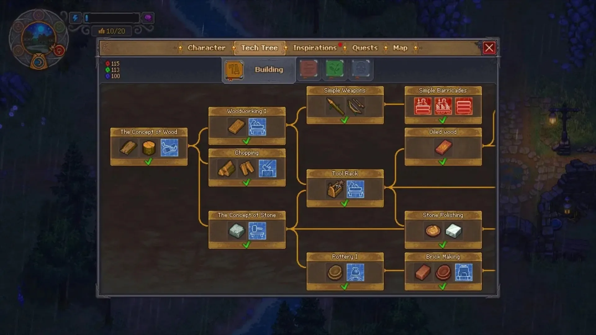 Graveyard Keeper 2 Building tech tree displays woodworking, tools, stone polishing and brick upgrades