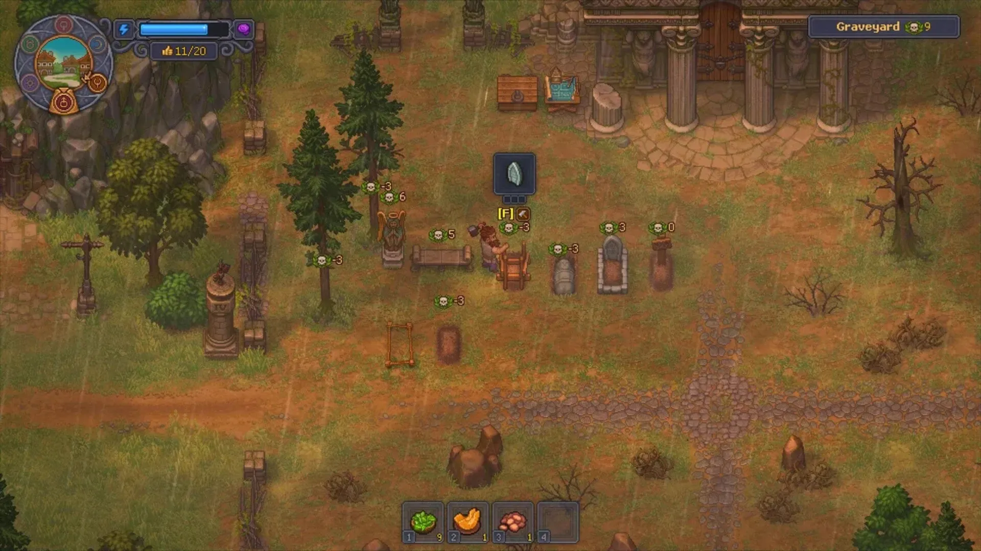 Player working among graves in the Graveyard Keeper 2 cemetery