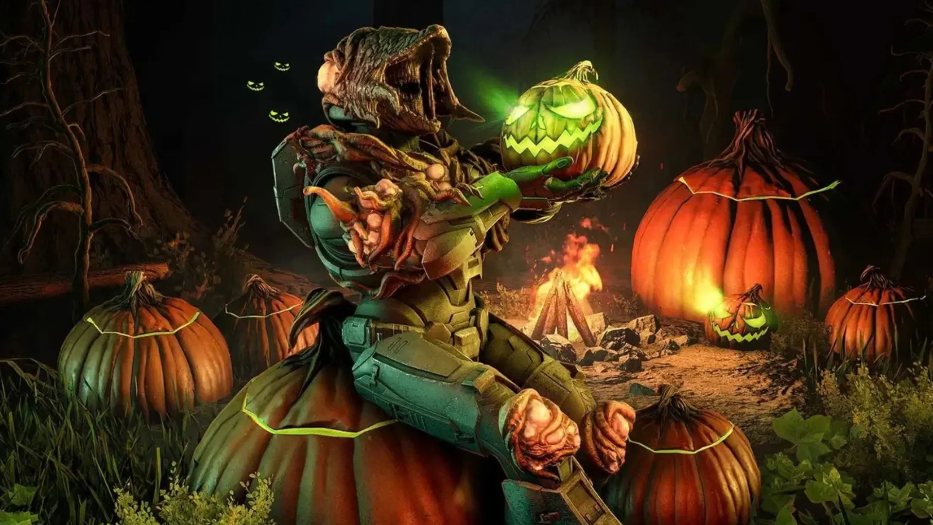 Halo Spartan holding a glowing pumpkin surrounded by jack-o-lanterns