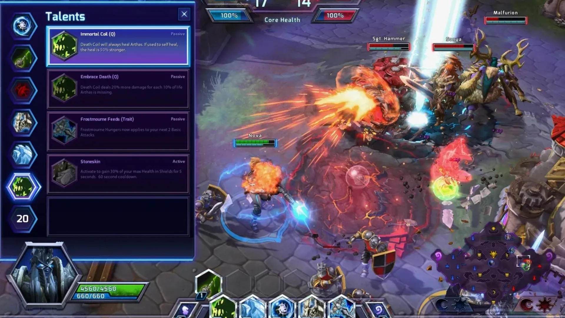 Arthas talent menu open during a Heroes of the Storm battle with Nova, Sonya, Sgt. Hammer and Malfurion