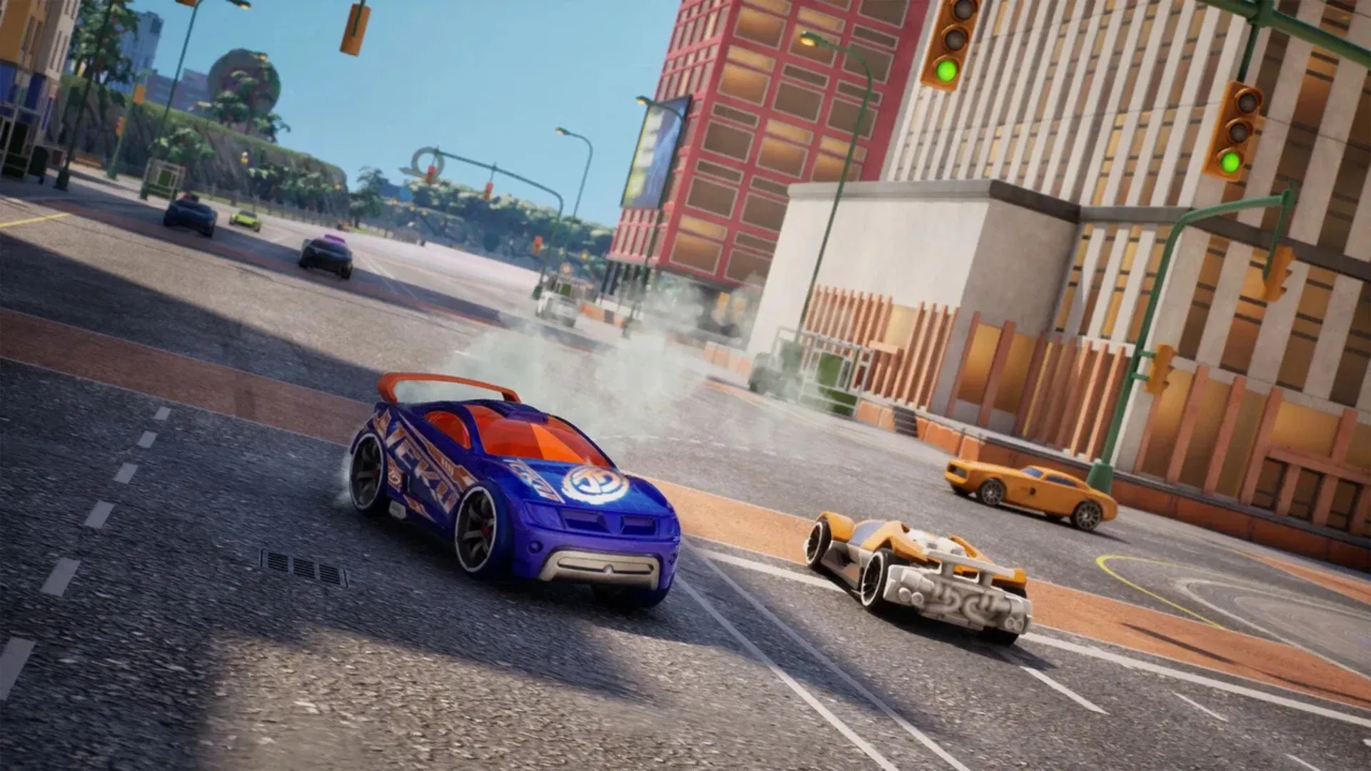Two Hot Wheels cars racing through a city in Hot Wheels Infinite Rush