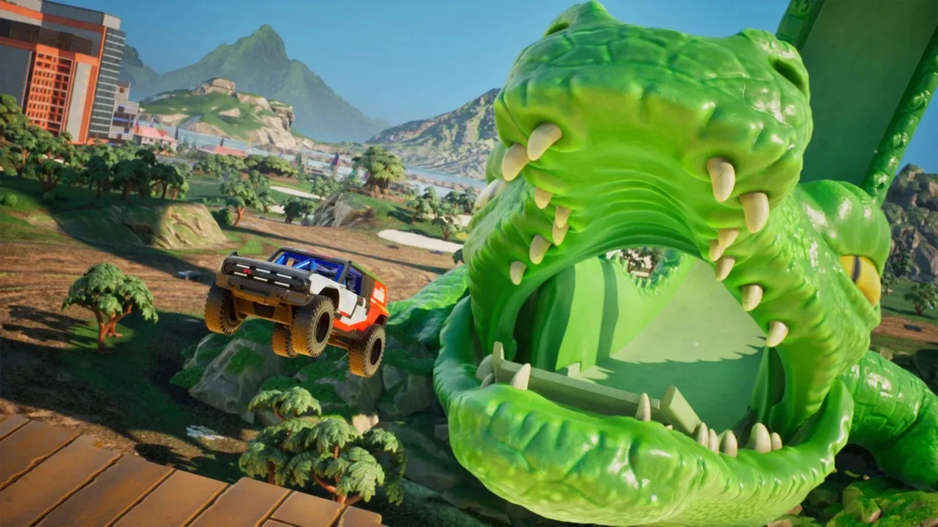 Hot Wheels off-road car jumping beside a giant creature in Infinite Rush