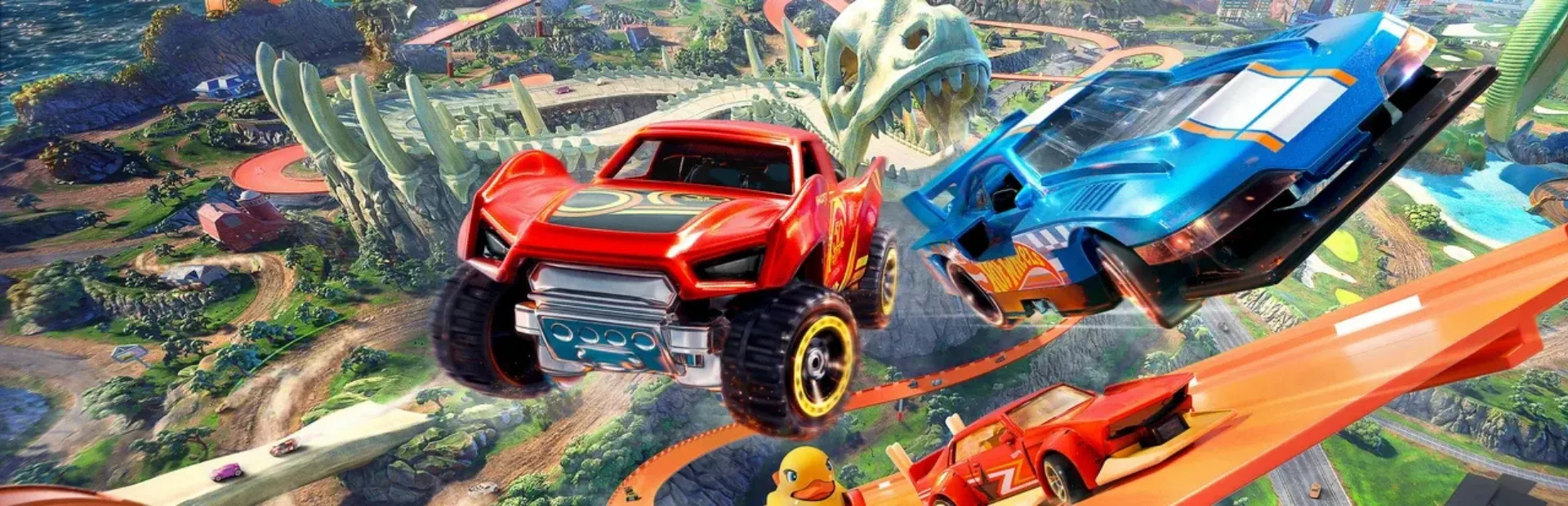 Hot Wheels cars racing above the open world in Hot Wheels Infinite Rush