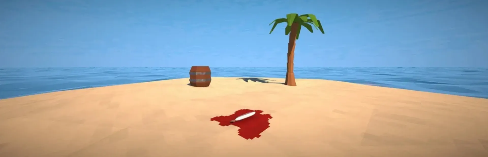 A fish lies on the sand beside a blood stain, barrel and palm tree on a small island in How to Fish.