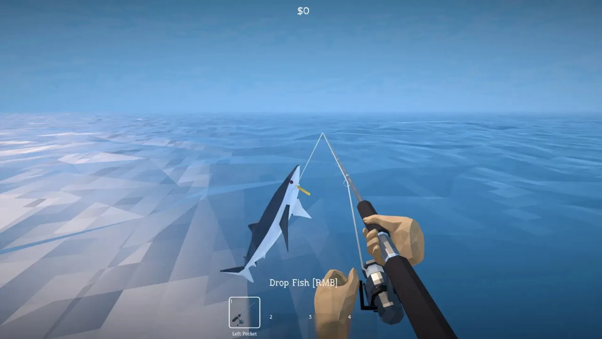 A long-billed fish hangs from the player's line above the ocean while holding a fishing rod in How to Fish.