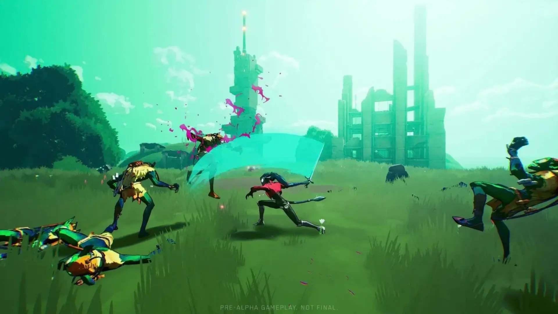Breaker fighting several enemies with a sword in a green field in Hyper Light Breaker.