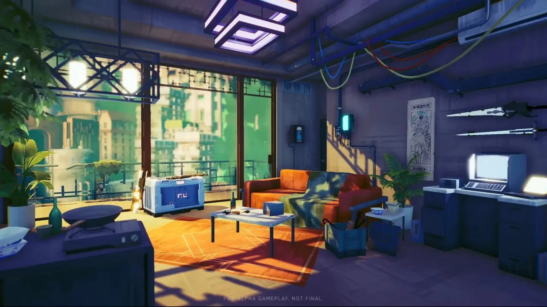 Futuristic apartment hub in Hyper Light Breaker with an orange sofa, plants and a city view.