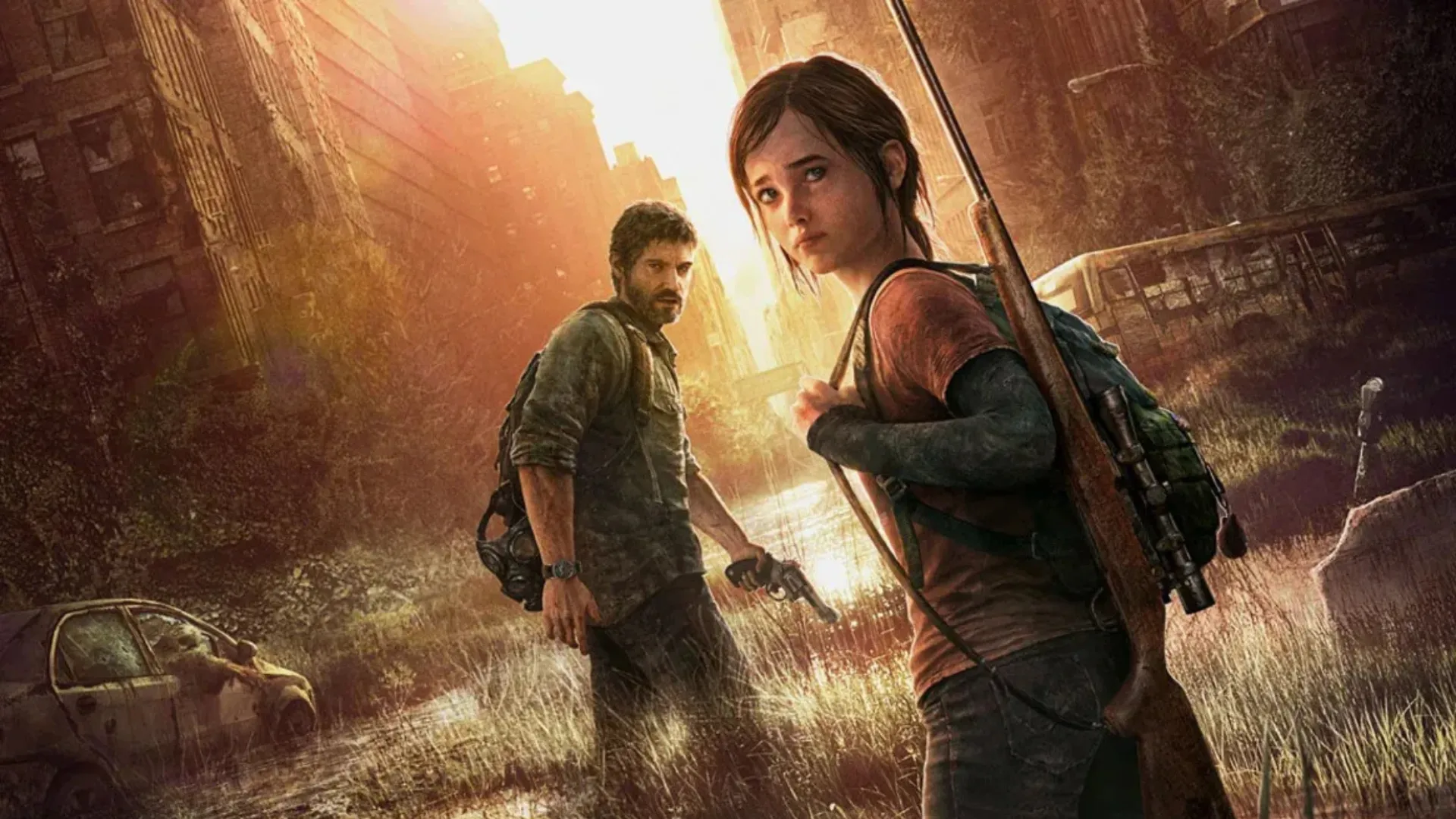 Joel and Ellie stand together in an abandoned city in The Last of Us.