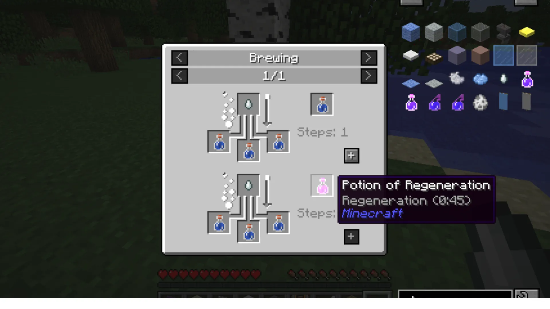 Just Enough Items recipe viewer shows multiple Minecraft crafting recipes and their required ingredients.