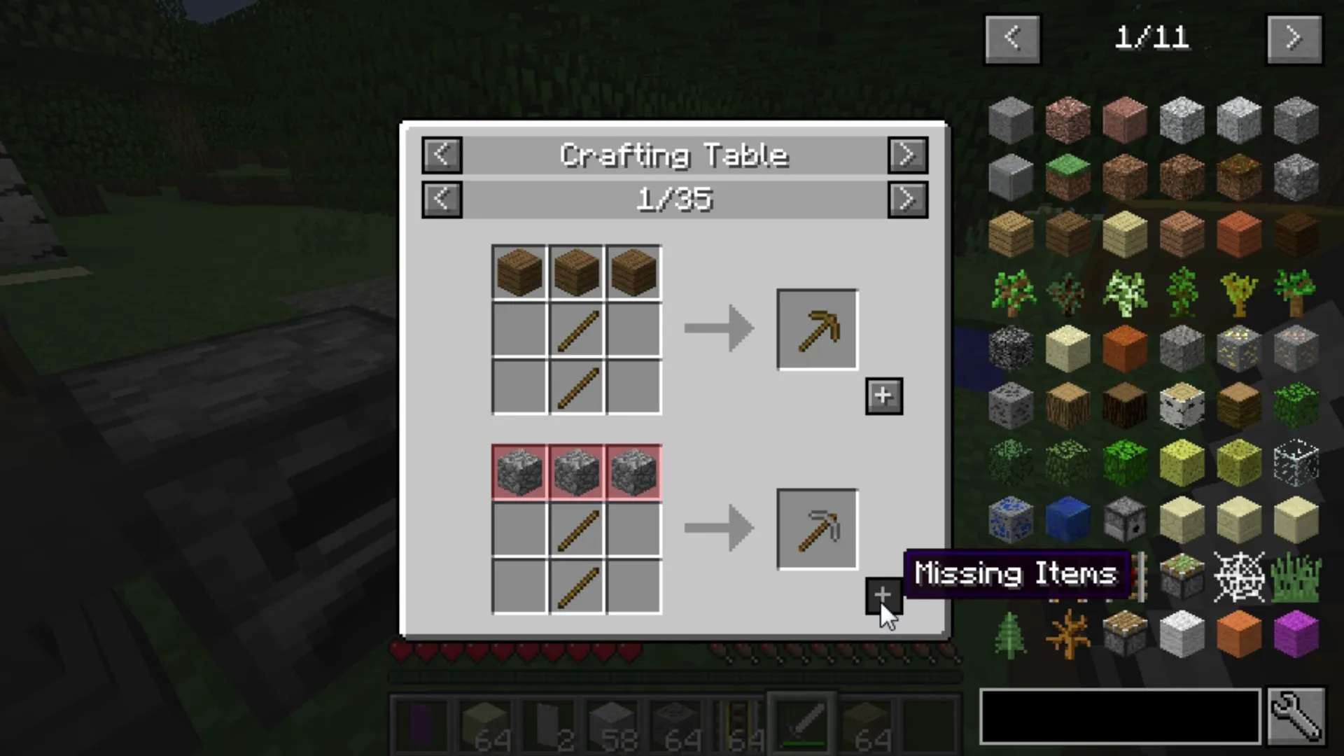 Just Enough Items displays the Minecraft inventory, item list and a tooltip for a snow block.