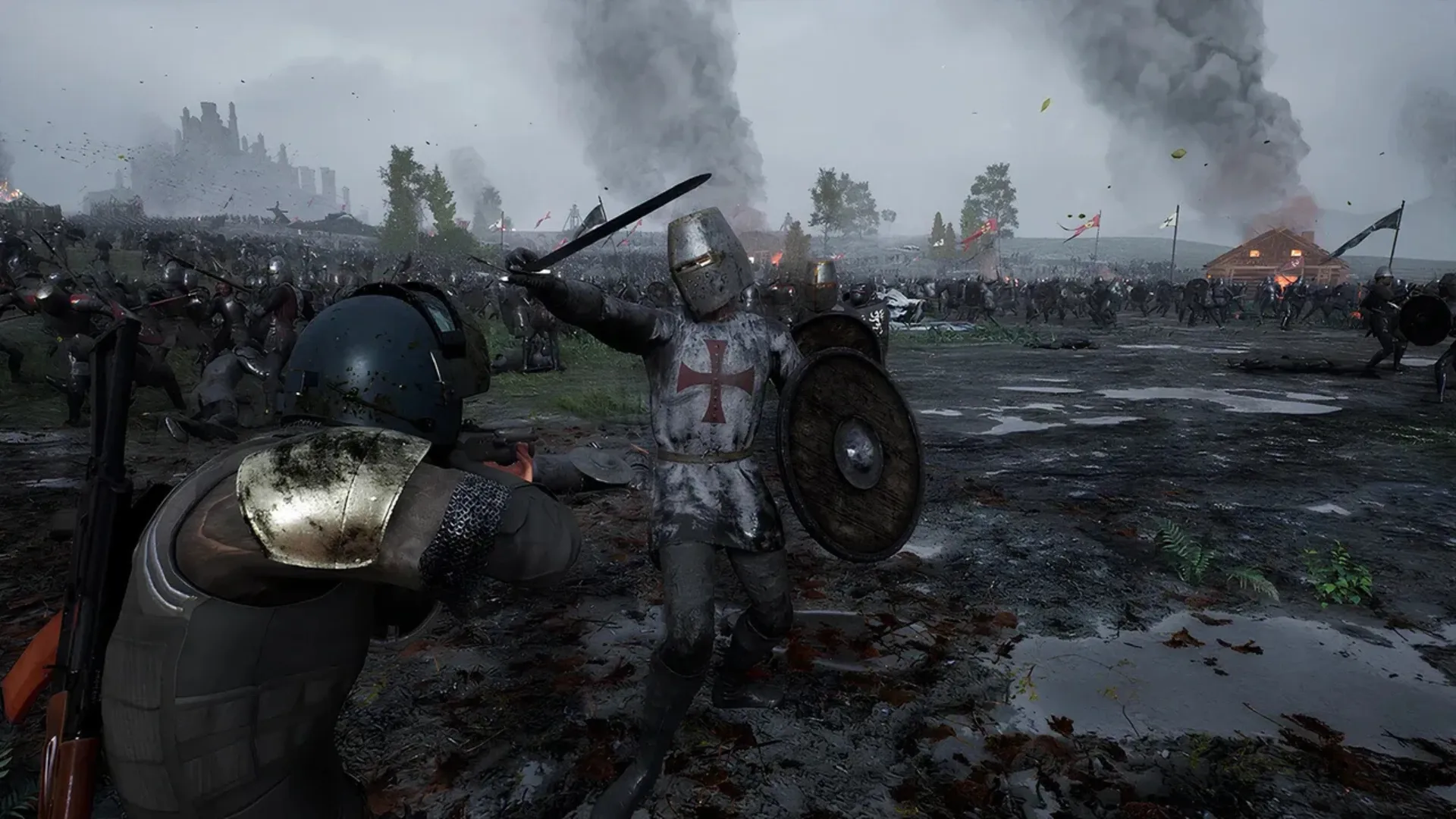 Modern soldier fighting a medieval knight during a large Kingmakers battlefield encounter